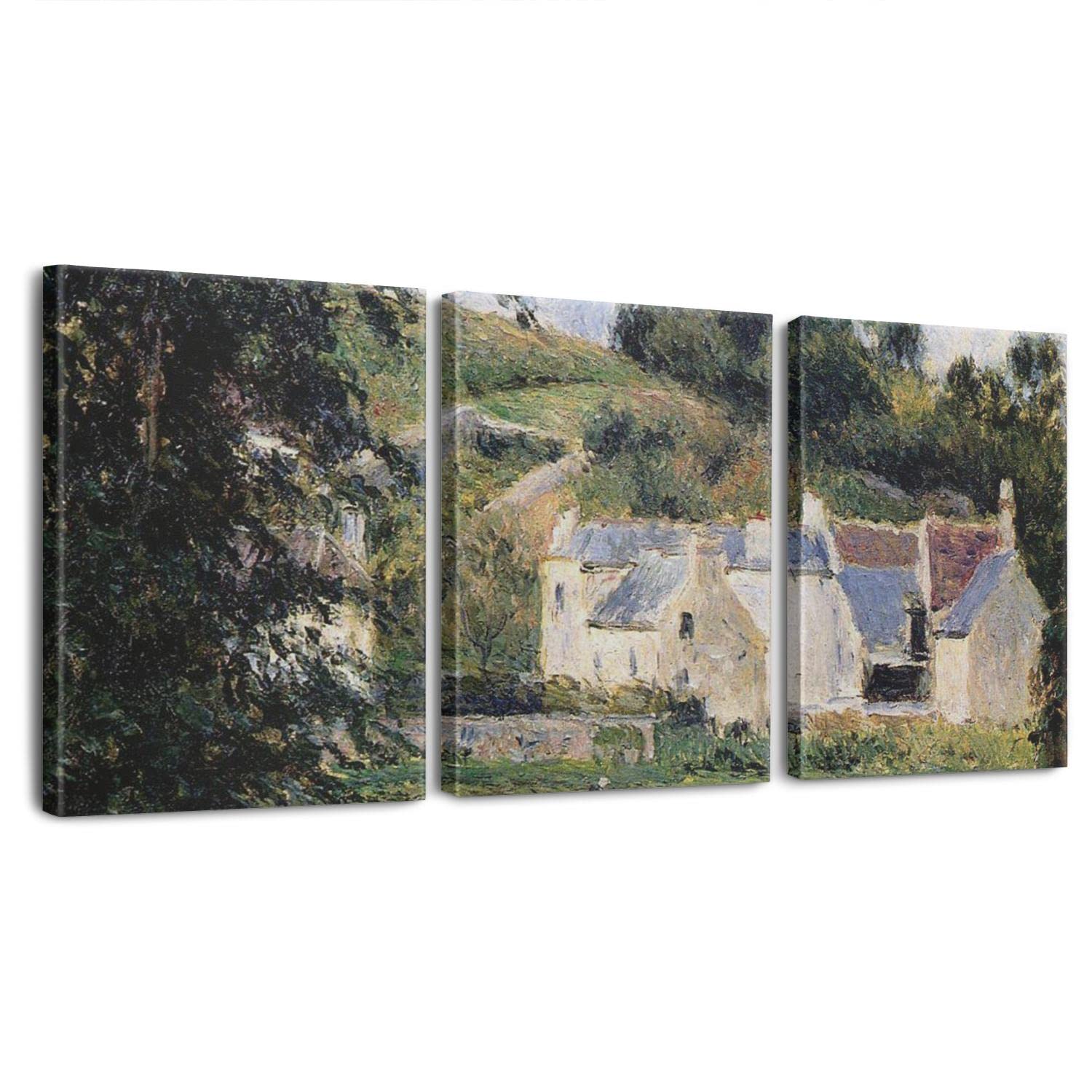 3 Panels Poster Frame - Camille Pissarro Houses of the Hermitage Pontoise Art Print - Framed Canvas Wall Decor for Living Room, Bedroom & Office