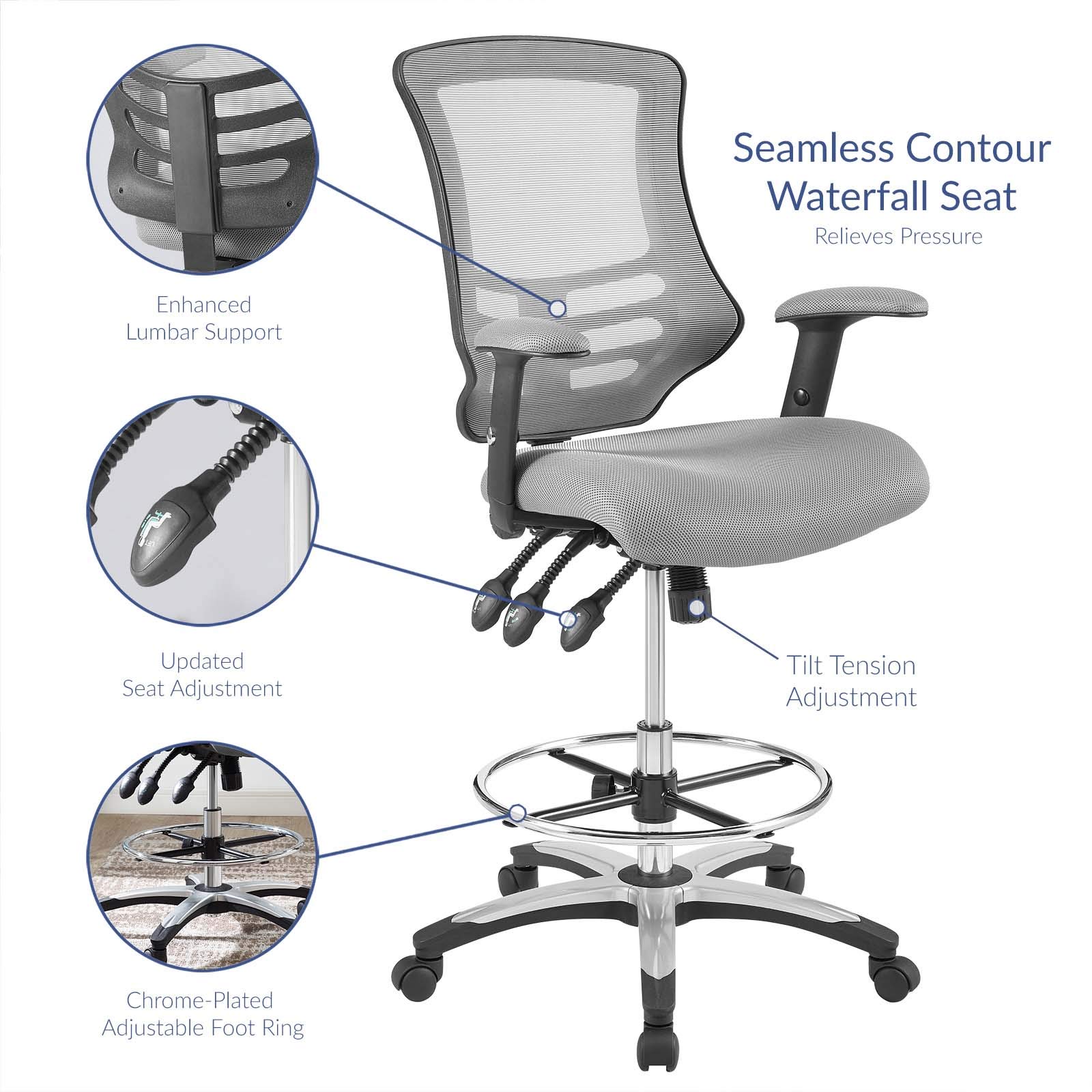 Modway Calibrate Mesh Drafting Chair - Ergonomic Adjustable Height Office Chair for Reception & Desk Work - Gray Mesh Back Support - Perfect for Architects, Designers & Long Hours Sitting