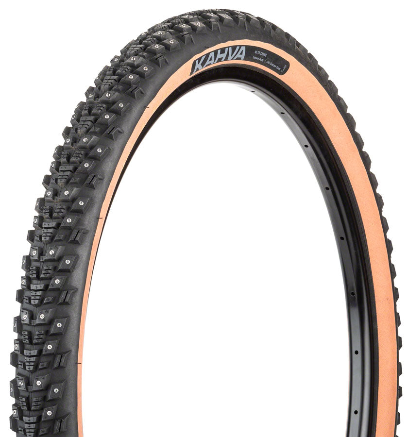 45NRTH Kahva Winter Bike Tire 27.5x2.1 Tubeless Folding Tan 60TPI with 240 Concave Carbide Studs - Perfect for Snow and Ice Cycling, Mountain Biking in Cold Weather
