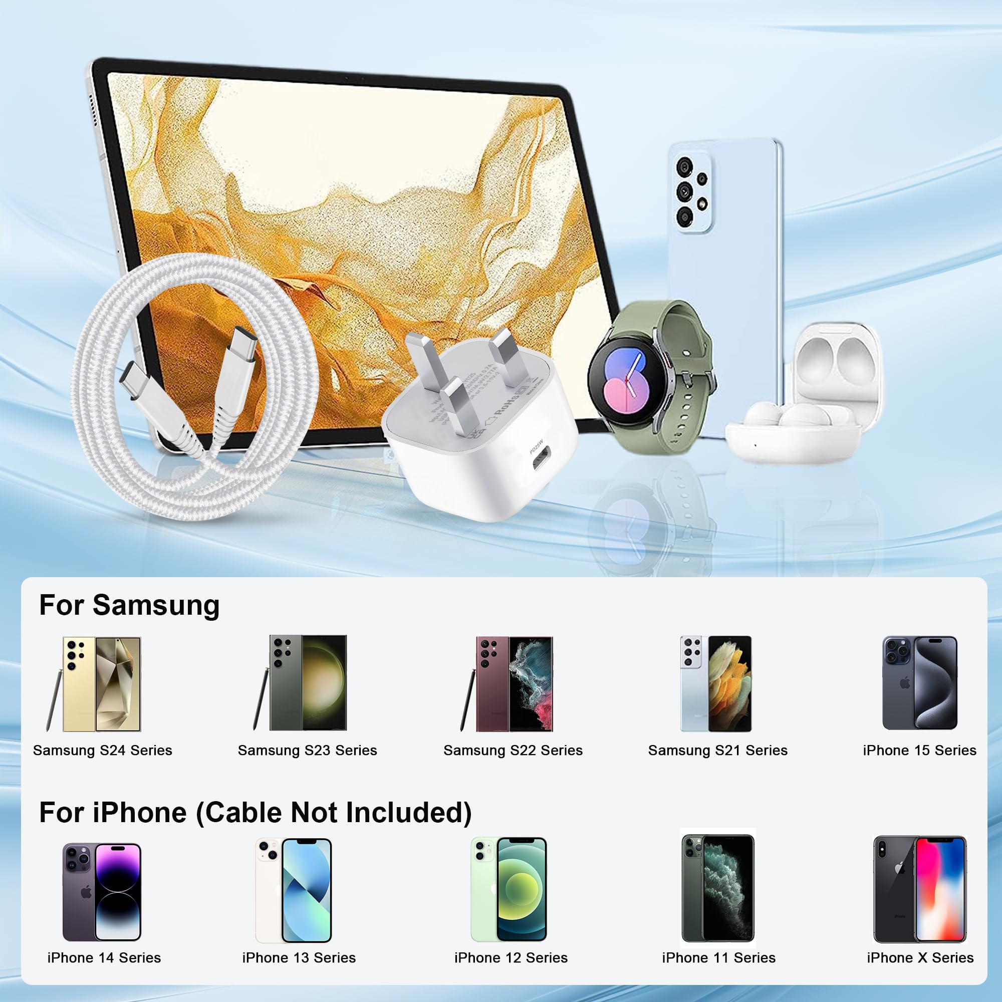 25W Super Fast Charger Plug & USB-C Cable for Samsung Galaxy A35/A16 5G/A26 5G/A36 5G/A56/S24/S24+/S25 Ultra/S23 FE/S22/S21/S20/A15/A25/A13/A22/A51/A04S & iPhone 16/15/14/13/12 Series - Quick Charge Adapter for Home, Office & Travel