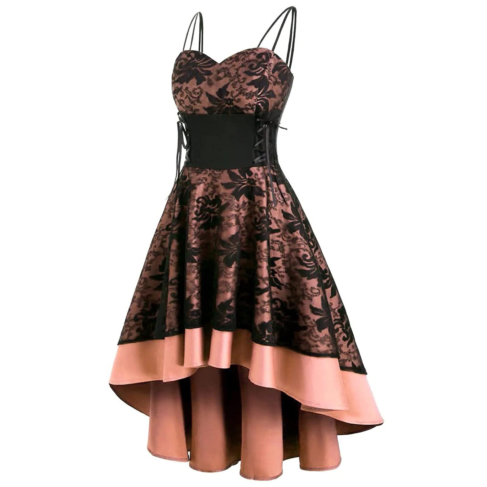 Gothic Punk Dresses for Women - Pleated Cami Midi Dress with Adjustable Drawstring Waist & Lace Spaghetti Straps | Vintage Aesthetic, Alternative Fashion for Concerts, Parties & Night Out