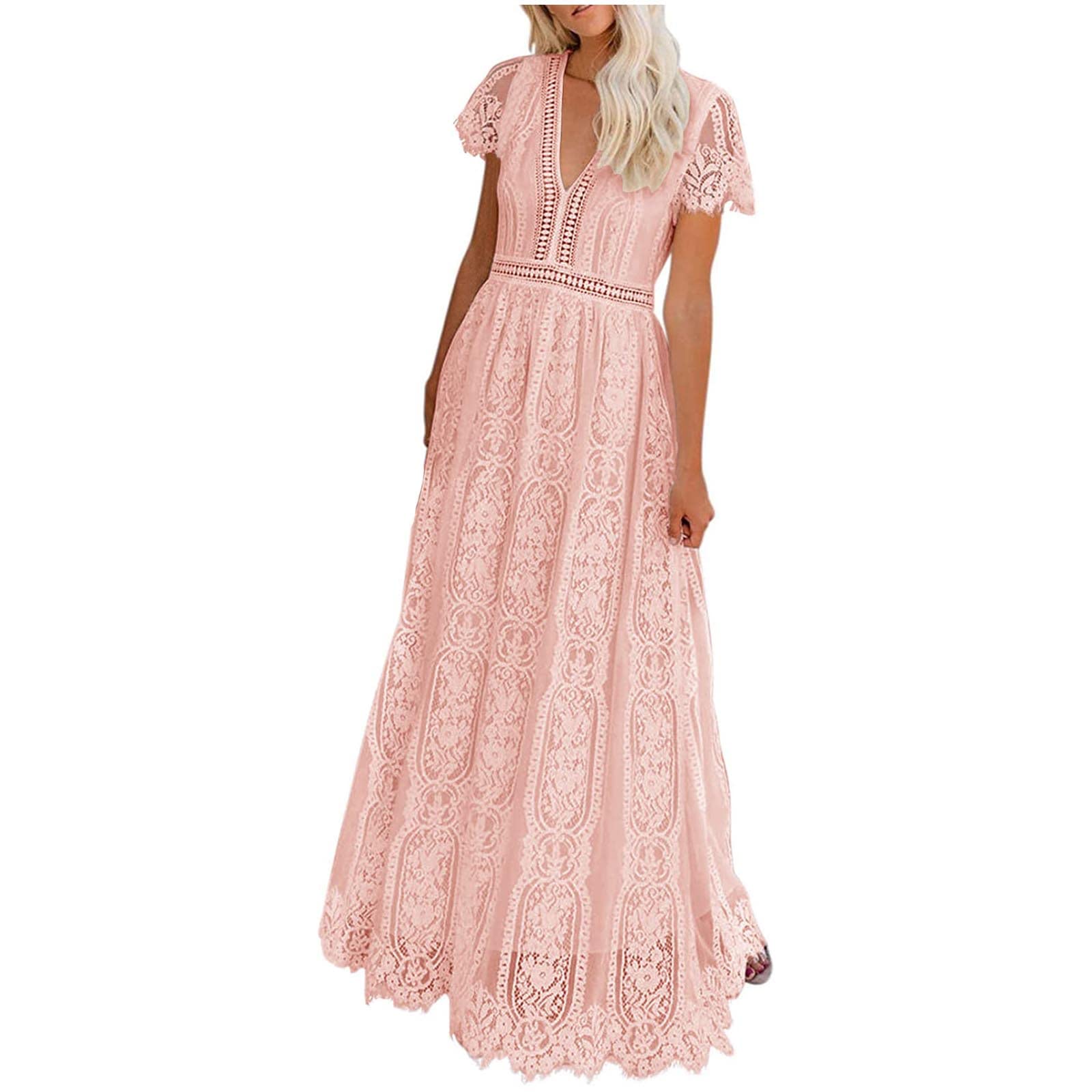 Elegant RKSTN Summer Maxi Dress for Women - V-Neck Short Sleeve Floral Lace Dress | Wedding Guest, Bridesmaid & Prom Long Dress 2024 | Perfect for Beach Parties, Garden Weddings & Formal Events