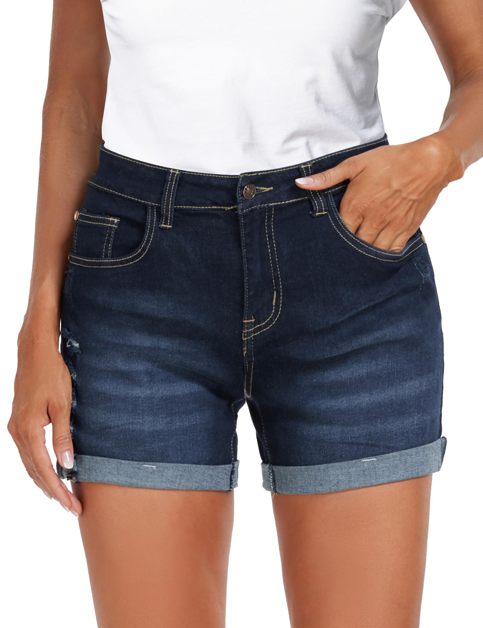HOFISH Women's Stretchy Denim Shorts - Mid Waist Casual Jean Shorts with Fold Hem | Perfect for Summer Outfits, Beach Vacations & Casual Wear