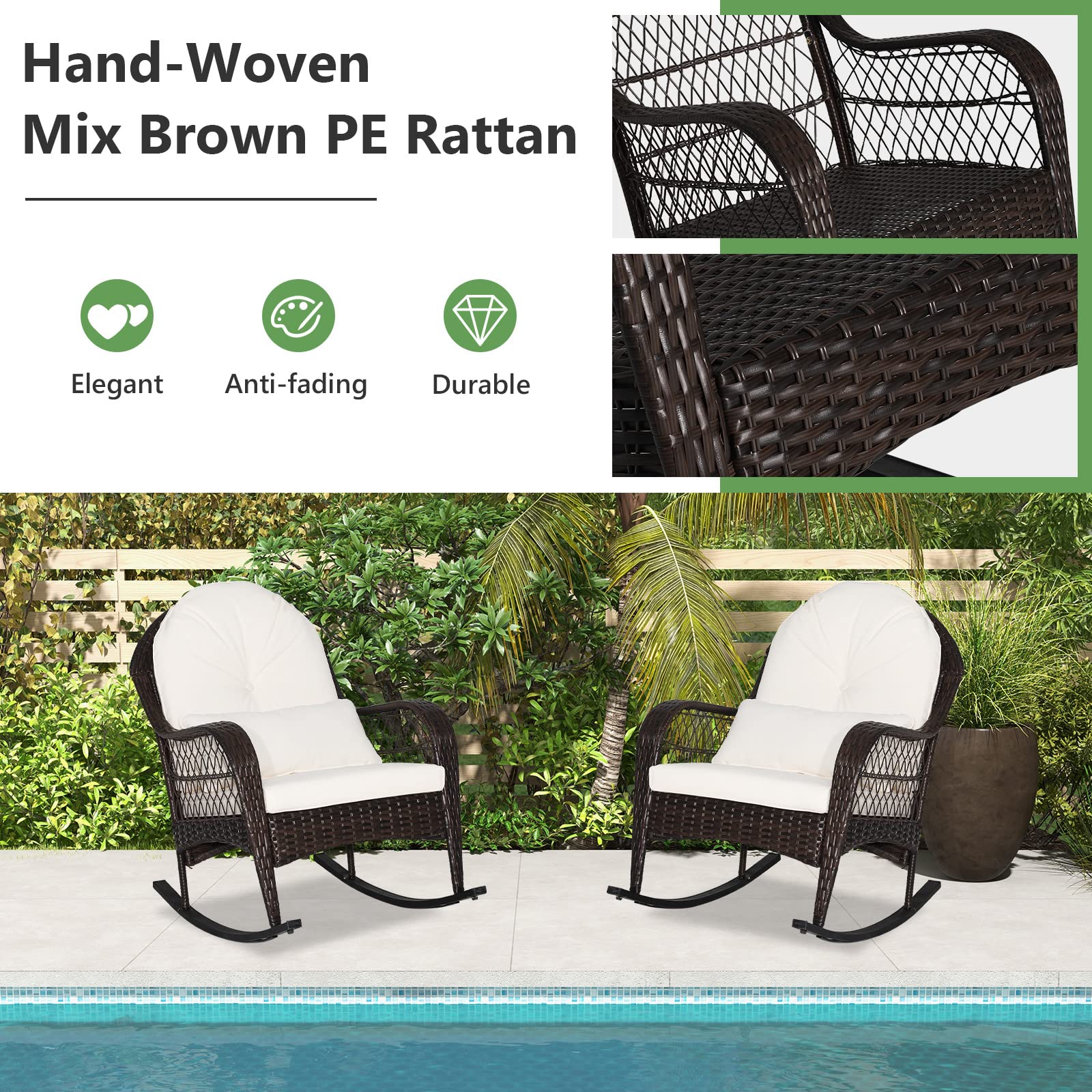 Tangkula Outdoor Wicker Rocking Chair with Cushions - Patio Rattan Rocker with Seat Back & Waist Pillow, Sturdy Metal Frame, Mix Brown Color - Perfect for Balcony, Porch, Backyard, Garden Relaxation (1, Off White)
