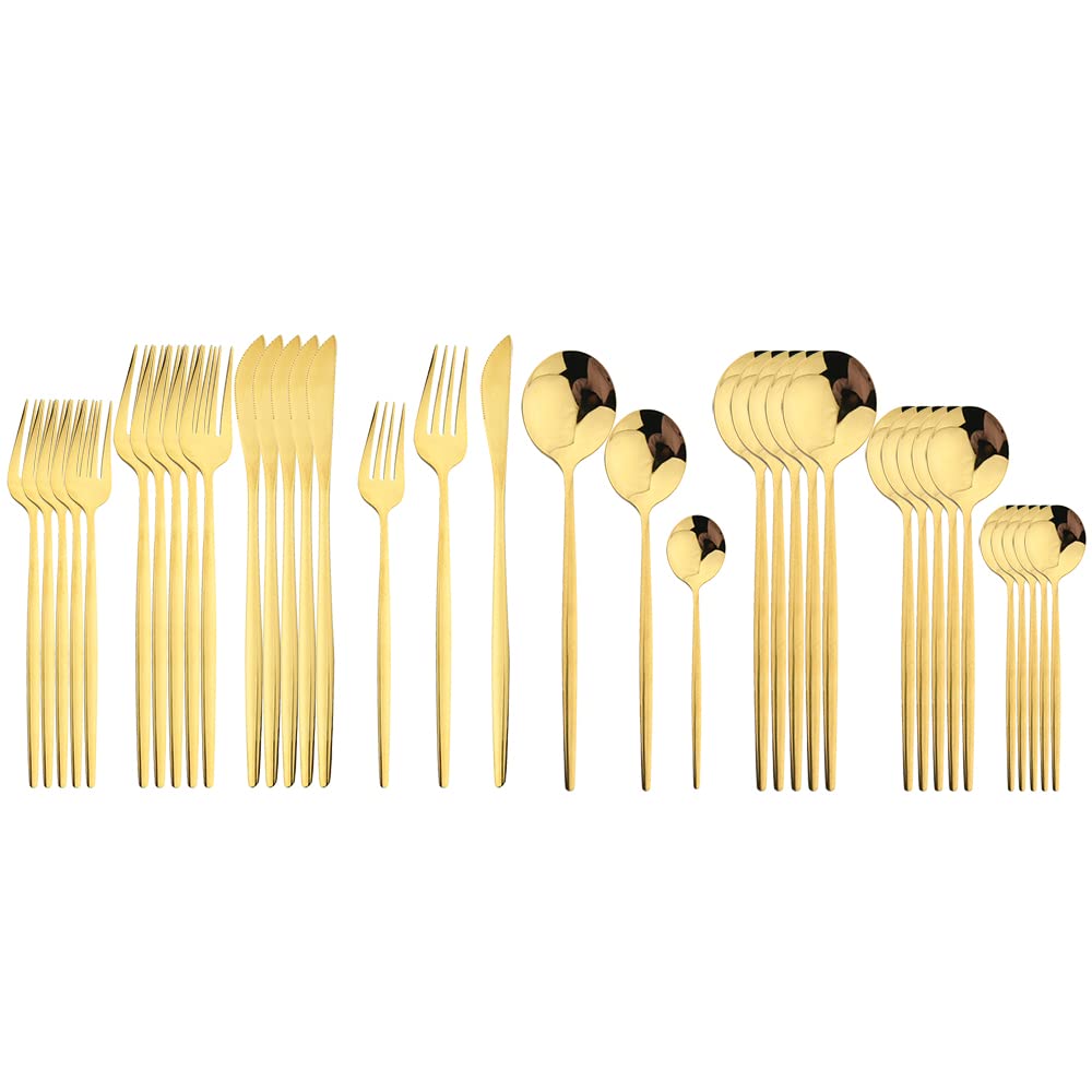 36-Piece Stainless Steel Silverware Flatware Set - Gold Cutlery Set with Knife, Fork, Spoon & Teaspoon for Dinner, Dessert & Kitchen Use - Elegant Tableware for Restaurants, Weddings & Home Dining