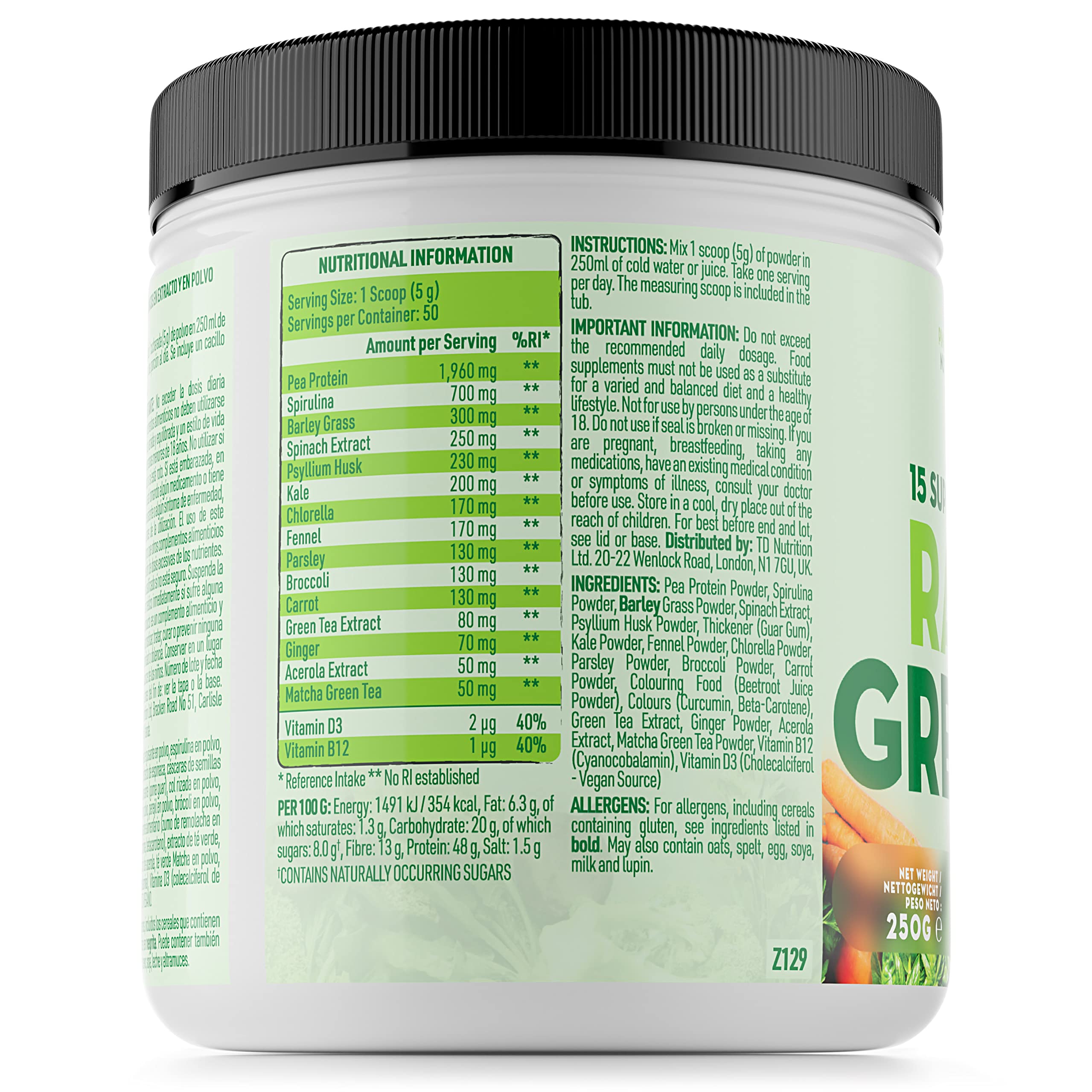 Organic Super Greens Powder - 15 Premium Superfoods & Vegetables Blend with Spirulina, Green Tea, Ginger Root & Pea Protein | Vegan, Gluten-Free, Non-GMO | 50 Servings (250g) for Smoothies, Juices & Daily Nutrition Boost