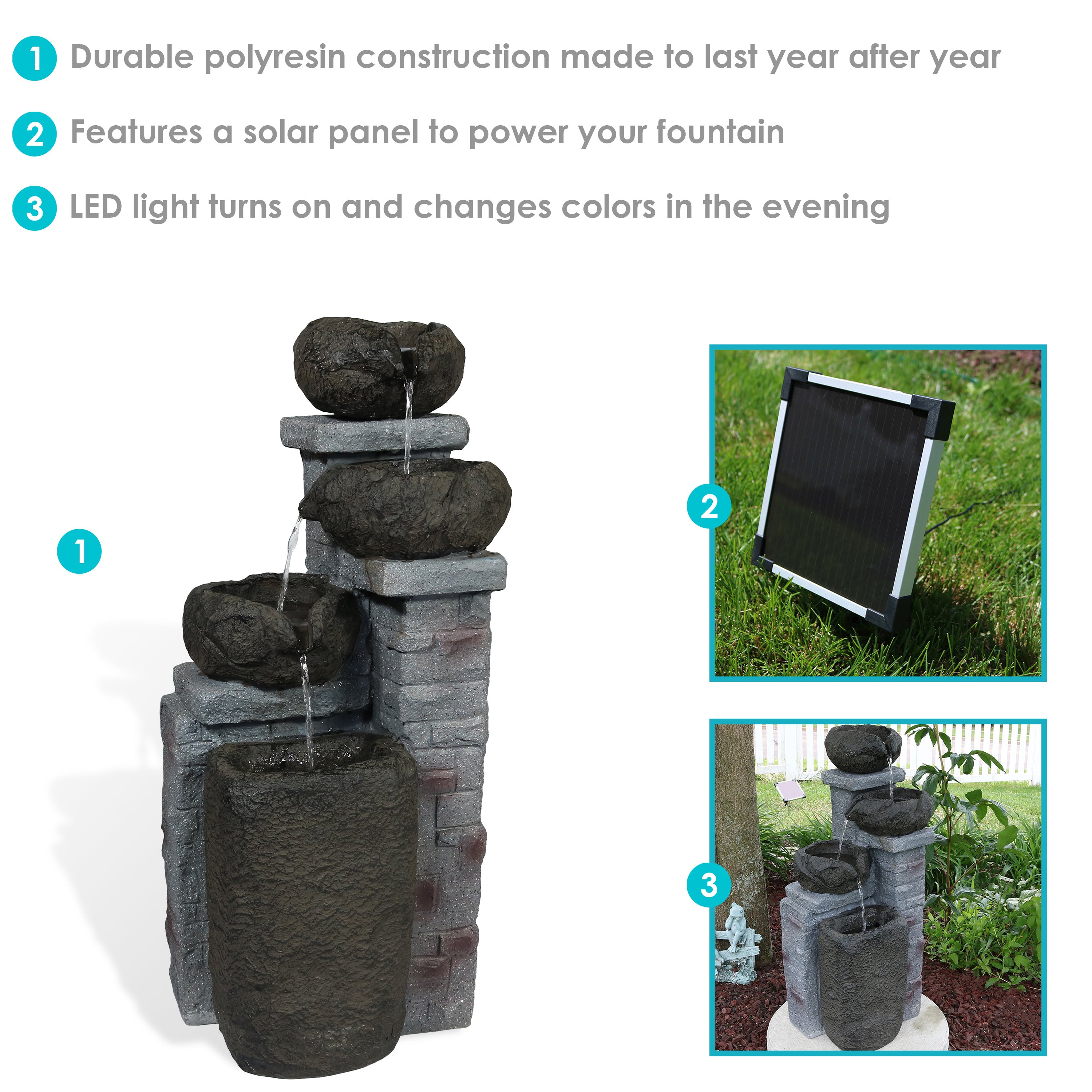 Sunnydaze Cascading Stone Bowls Solar Powered Fountain with Battery Backup - Outdoor Garden Water Feature for Patio, Yard, and Landscape Decor