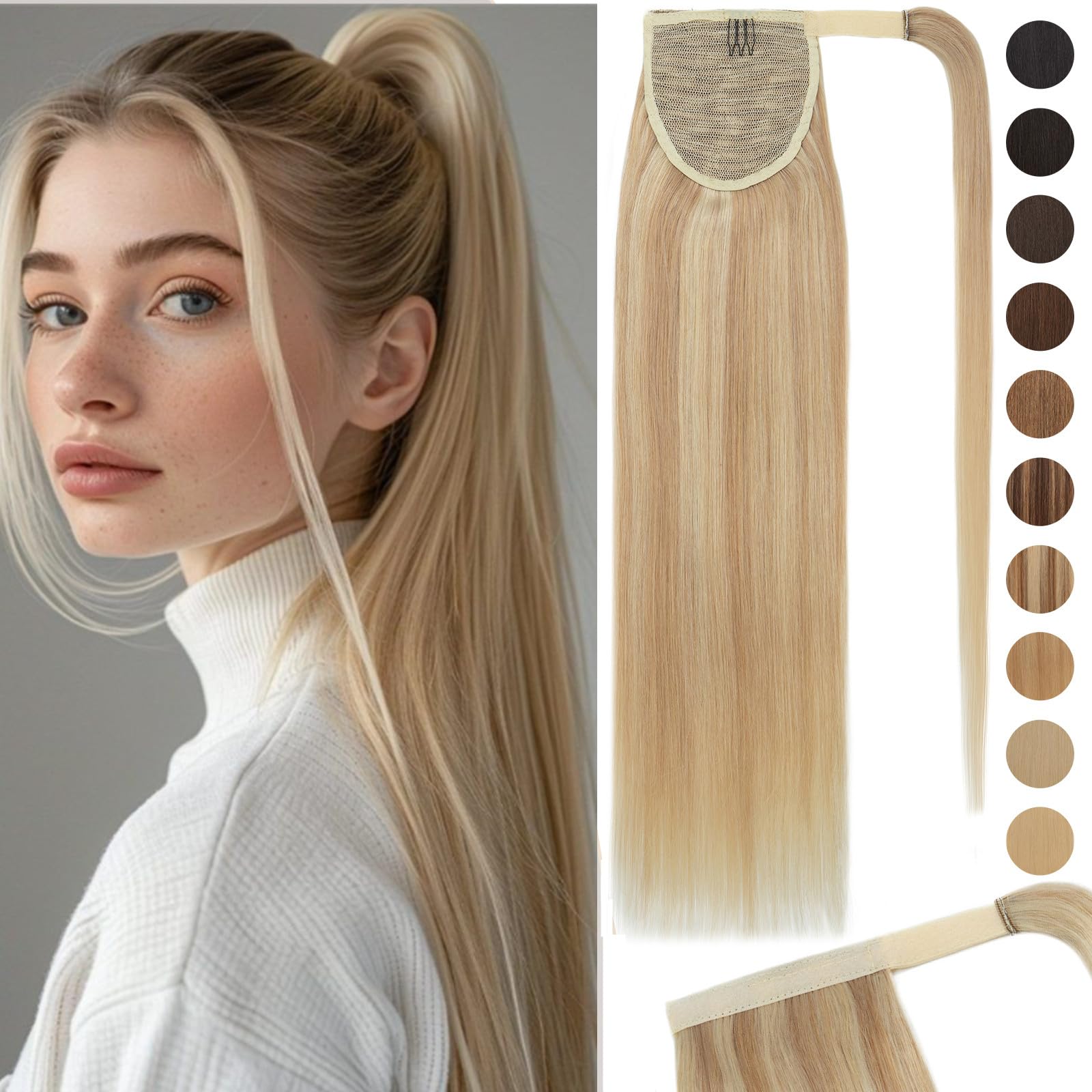 20 Inch Real Human Hair Ponytail Extensions - #18P613 Ash Blonde & Bleach Blonde Wrap Around Clip In Ponytail for Women (90g) | Long Straight Hairpiece for Parties, Weddings & Daily Styling