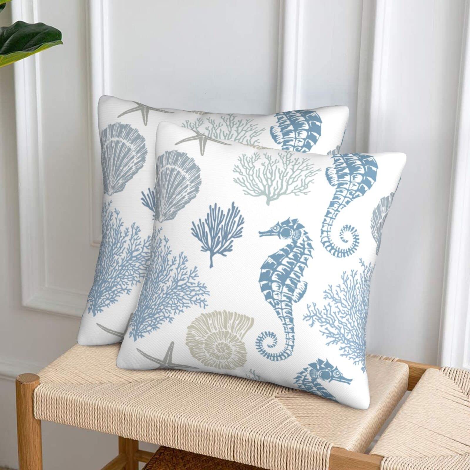 Nautical Coastal Pillow Covers 16x16 Inch Set of 2 - Summer Ocean Themed Decorative Throw Pillow Covers with Coral, Seashell & Starfish Design - 100% Cotton Square Cushion Covers for Sofa, Couch, Bedroom - Perfect for Beach House Decor, Coastal Living Room & Vacation Home Styling