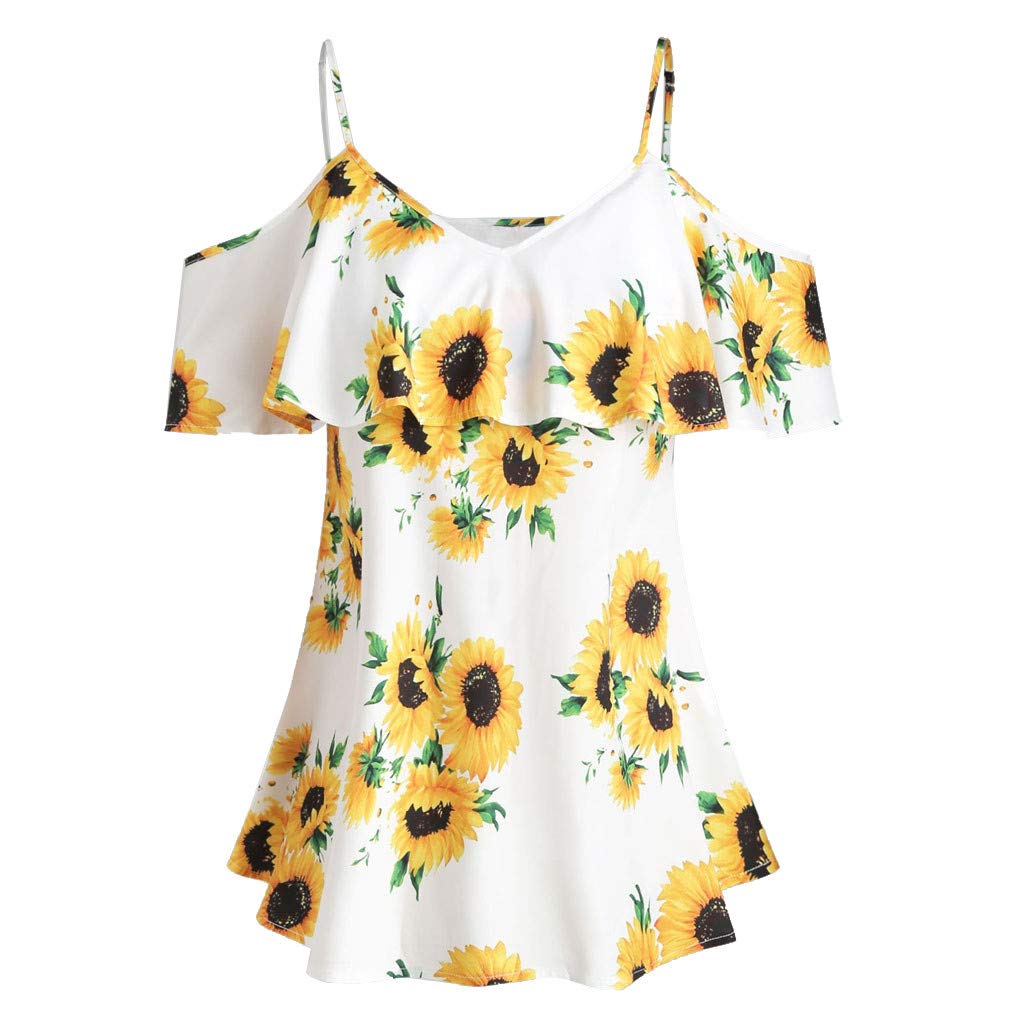 Plus Size Women's Sunflower Printed Camisole - Short Sleeve Ruffled Cold Shoulder Blouse Corset Top for Casual Wear & Summer Outfits
