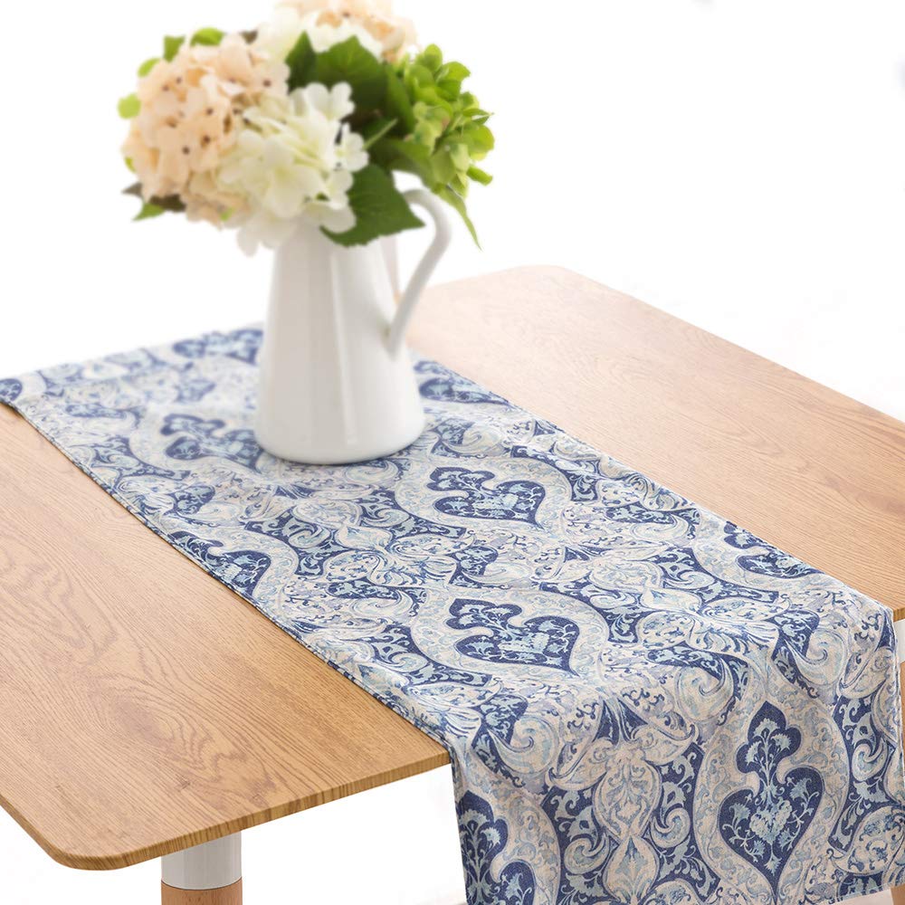 JINCHAN Blue Damask Medallion Printed Kitchen Table Runner - 13x55 Inch Flax Linen Textured Tablecloth for Dining Room Decor, Holiday Parties & Everyday Use