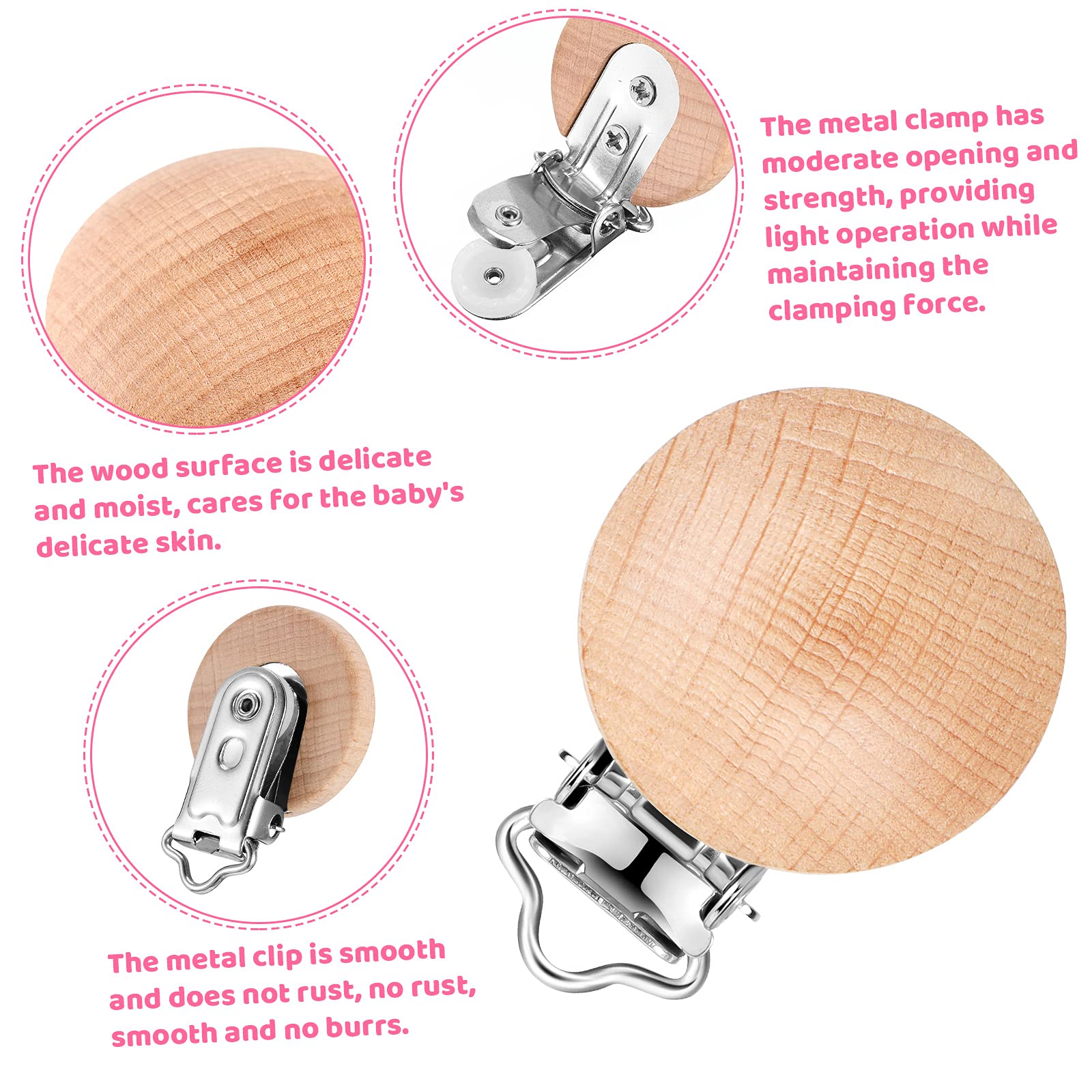 30Pcs Natural Beech Wood Pacifier Clips - Safe Teething Toys for Babies, Wooden Pacifier Holder with Suspender Clips for DIY Baby Accessories | Perfect for Newborn Gifts, Daycare Essentials & Travel Must-Haves