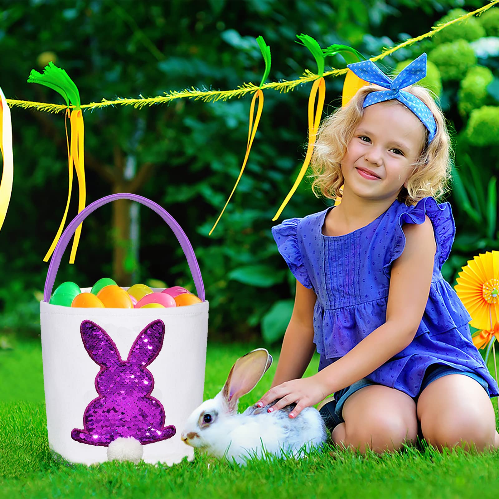 Easter Basket Bags for Kids - Bunny Tote Bucket for Easter Eggs, Toys, Candy & Gifts | Perfect for Easter Egg Hunts, Party Favors & Holiday Gift Giving