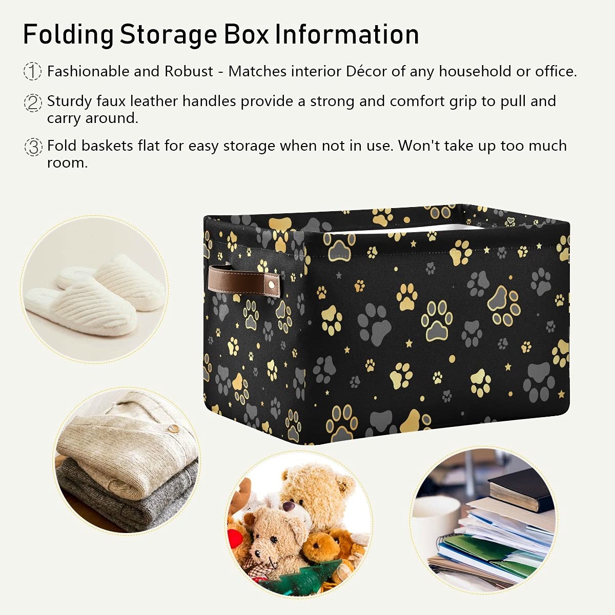 Collapsible Dog Paw Print Storage Bin Basket - Foldable Rectangle Storage Cube with Handles for Shelf, Closet, Nursery, Bedroom & Home Office (1 Pack) | Perfect for Pet Supplies Organization & Home Decor