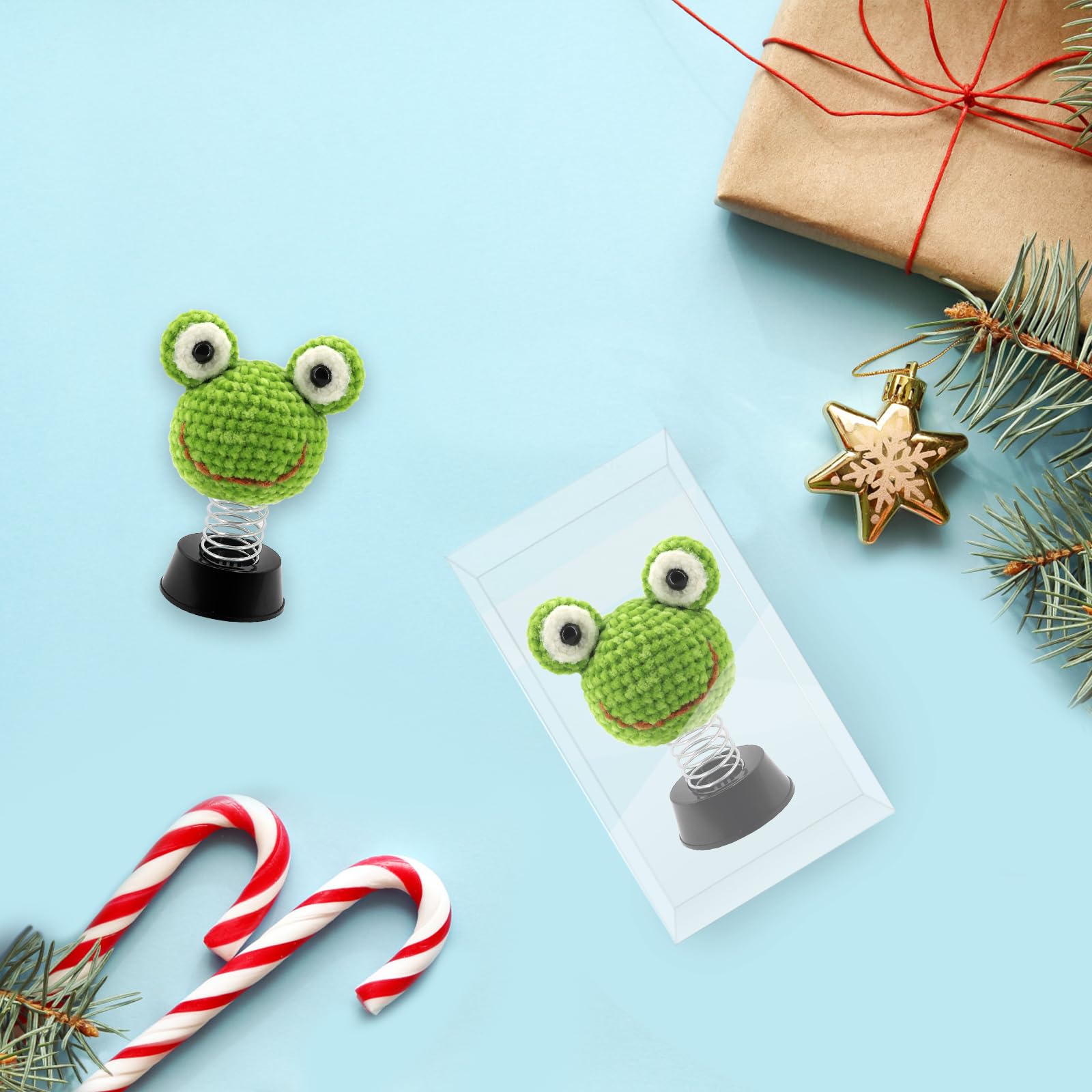 Handmade Crochet Frog Car Dashboard Decor - Bobblehead Swinging Ornament for Cars, Vehicles & Desktop - Cute Automotive Gift for Frog Lovers (Perfect for Birthday Presents, Car Accessories & Office Decor)