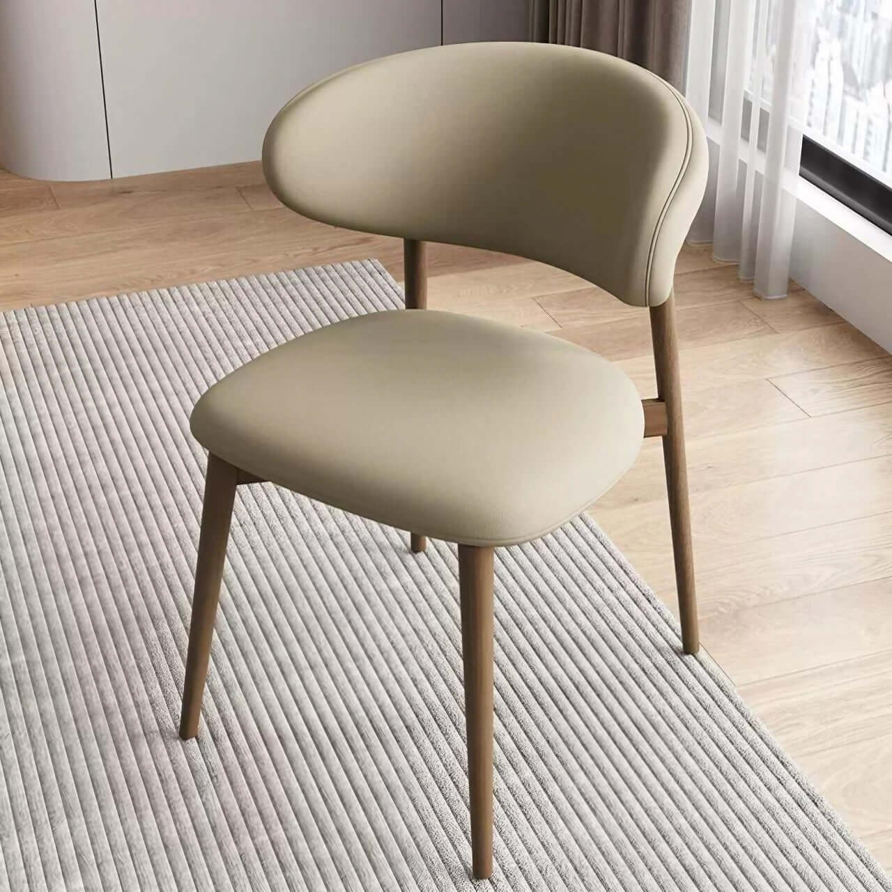 Scratch-Resistant Khaki Leather Solid Wood Dining Chair - Minimalist Single Seat for Home, Office & Restaurant Use