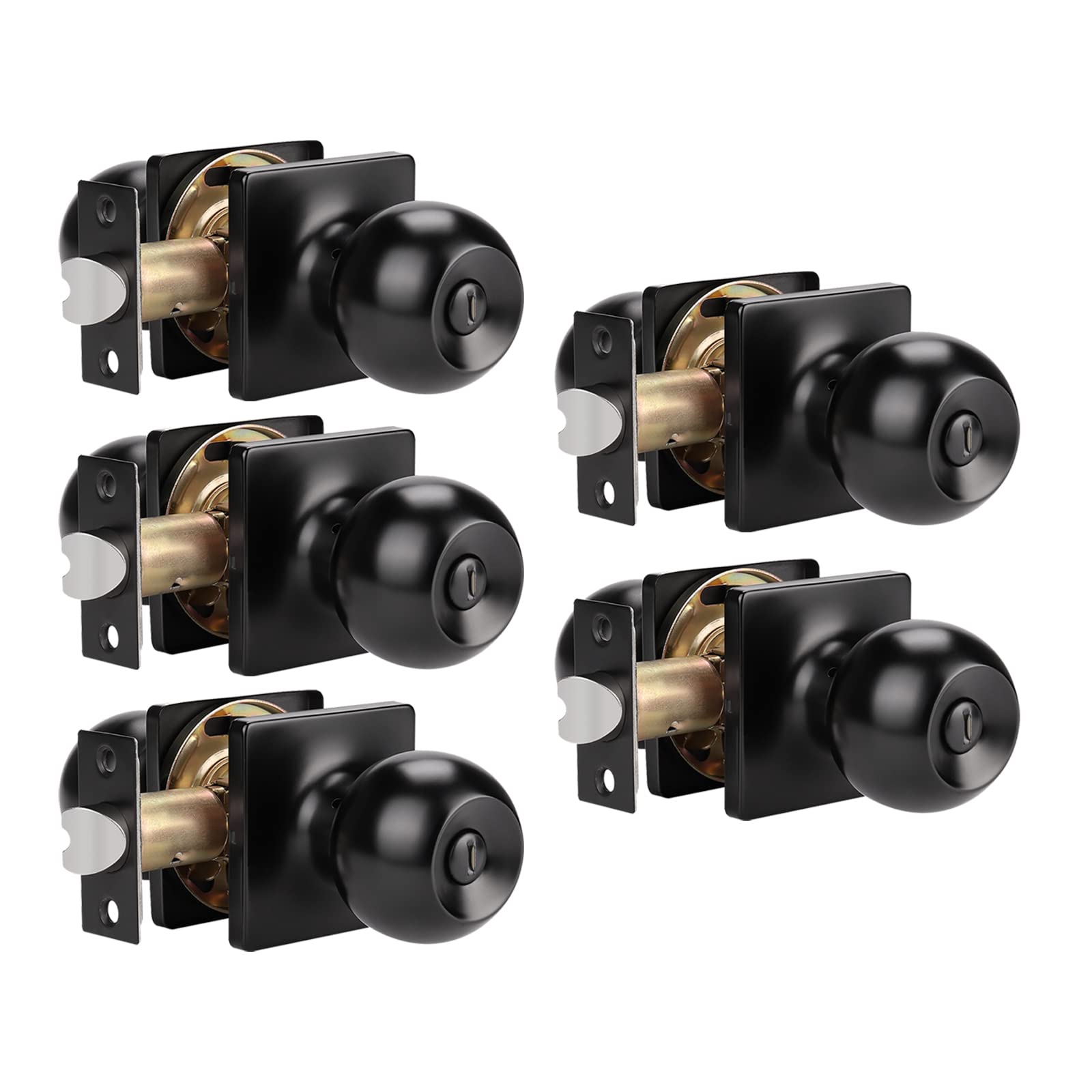 KNOBWELL 5-Pack Matte Black Interior Privacy Door Knobs with Square Rosette - Secure Bedroom & Bathroom Locking Hardware for Home Privacy (Ideal for Bedrooms, Bathrooms, Closets & Home Offices)