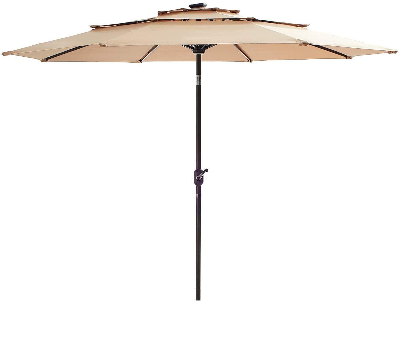 Outdoor 3-Tier Aluminum Market Umbrella with Push Button Tilt & Easy Crank - 9.8FT Patio Umbrella with 8 Solar LED Lights - All-Weather Khaki Umbrella for Backyard, Poolside & Outdoor Dining