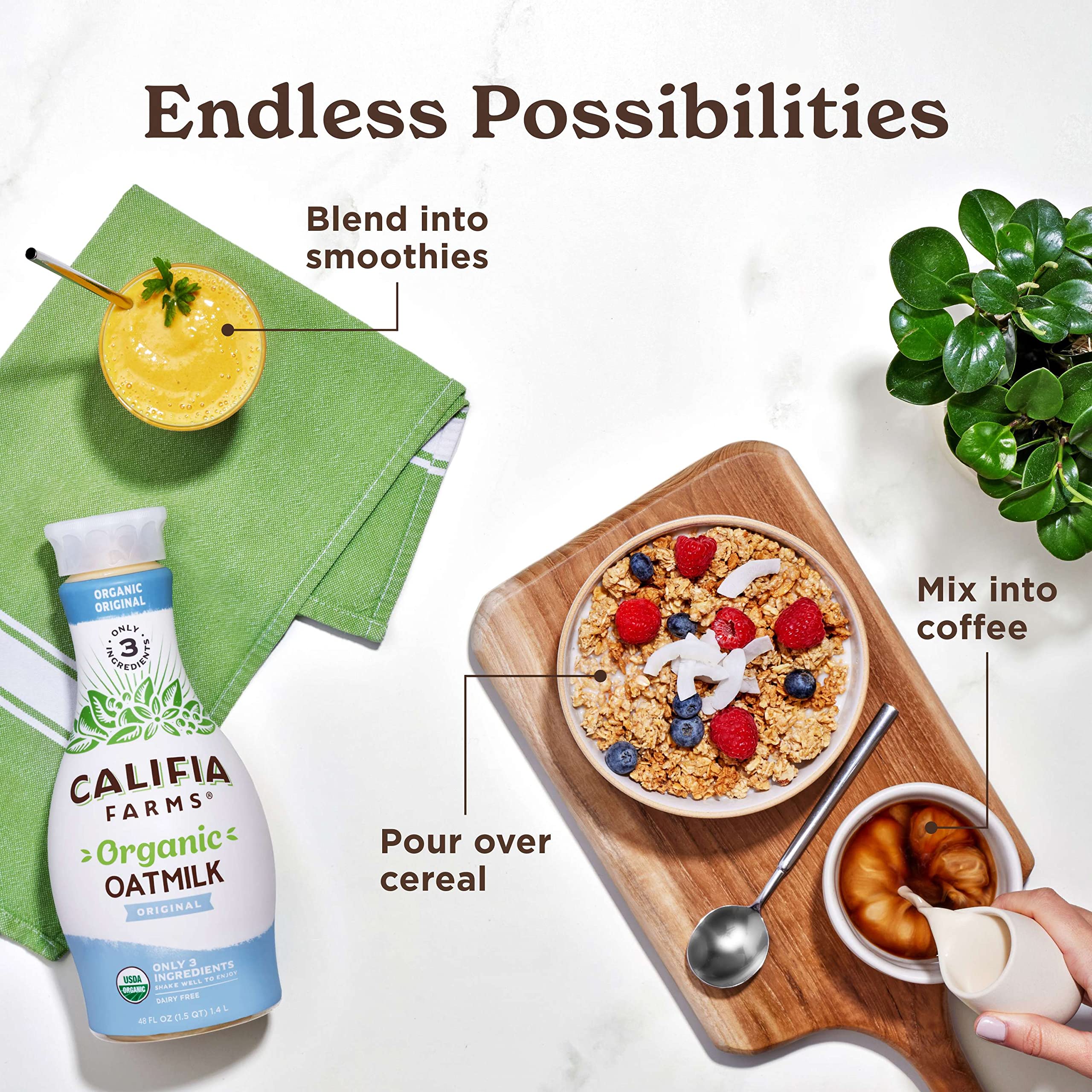 Califia Farms Organic Original Oat Milk 48oz - Dairy Free, Vegan, Non-GMO, USDA Certified Plant-Based Milk Alternative - Perfect for Coffee, Cereal & Smoothies