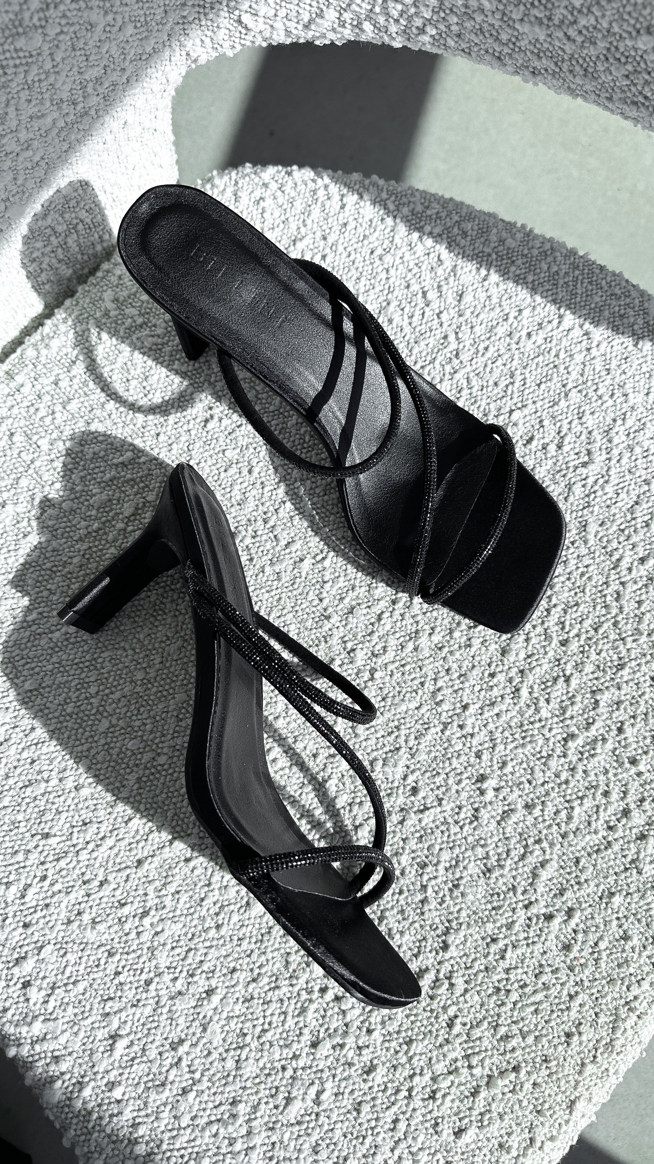 Black Satin Femi Heel with Diamante Accents - Elegant High Heels for Women, Perfect for Parties, Weddings & Evening Events