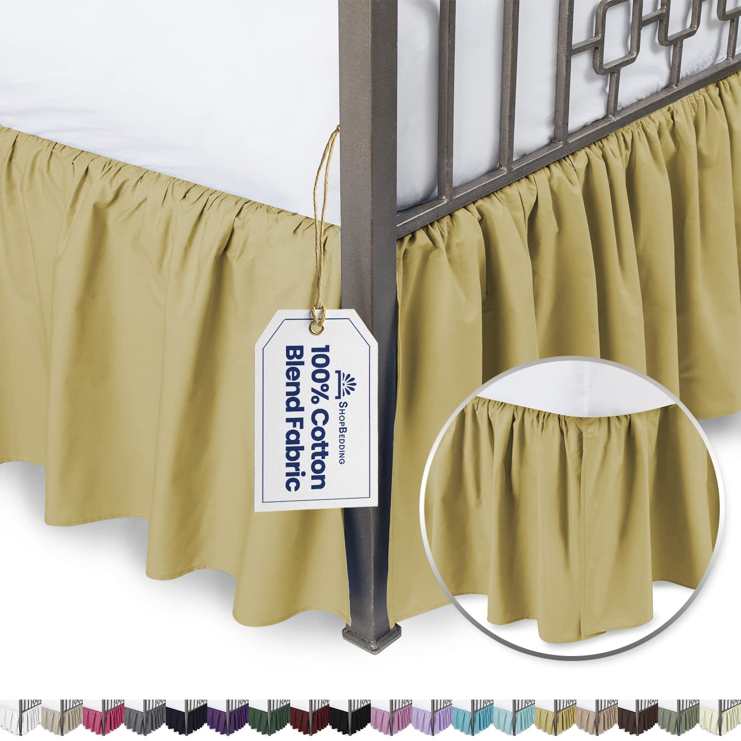 King Size Ruffled Bed Skirt with Split Corners - 18 Inch Drop Gold Cotton Blend Dust Ruffle (16 Color Options) - Perfect for Master Bedroom & Guest Room Decor