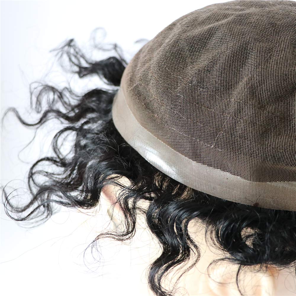 Men's French Lace Wave Hair Toupee 8x10 Inch - Afro Loose Curly Human Hair Replacement Piece #1B Off Black - 120% Medium Density - Perfect for Daily Wear, Cosplay & Hair Loss Solutions