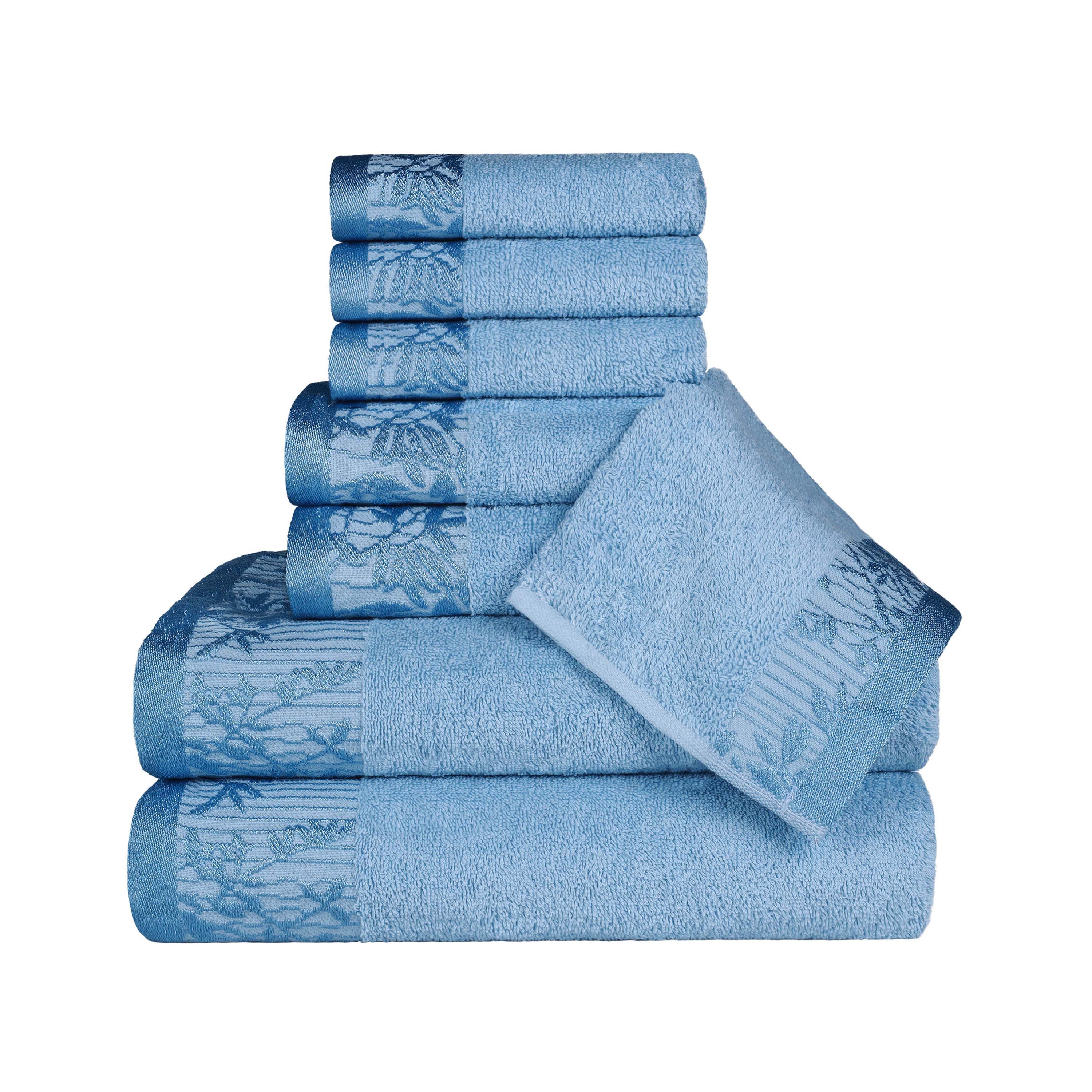 Premium Wisteria Cotton Floral Embroidered Jacquard Border 8-Piece Bath Towel Set - Soft & Absorbent for Spa, Bathroom & Guest Use