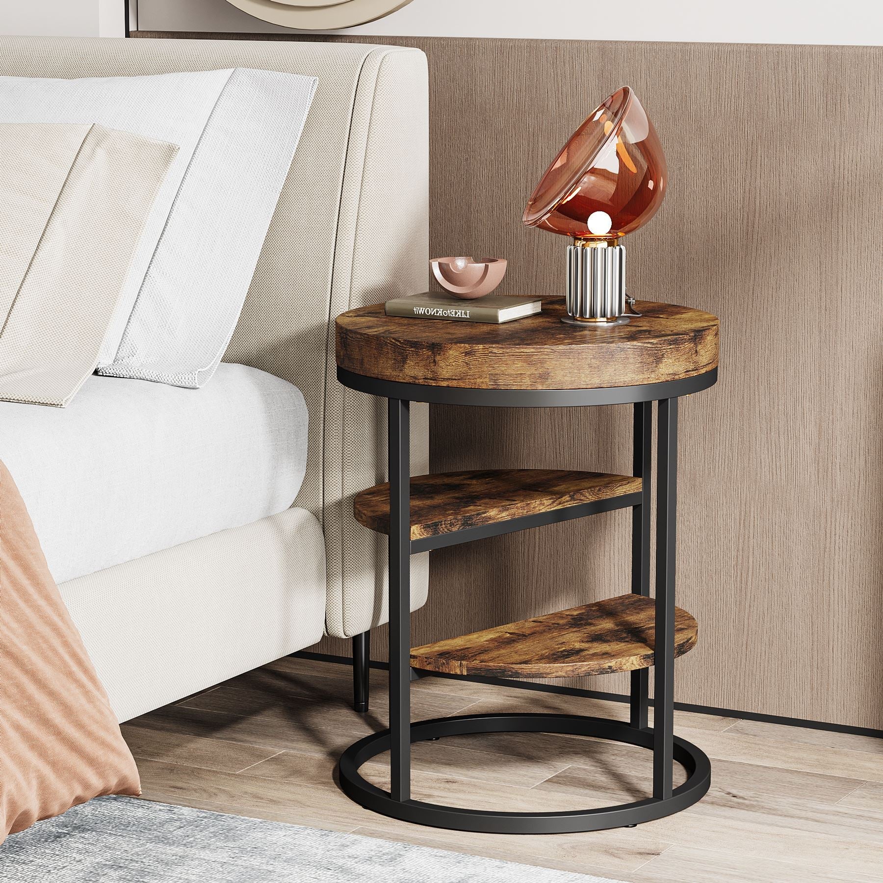 Round End Table with 3-Tier Shelves - Small Side Table & Nightstand for Living Room, Bedroom, or Office - Modern Accent Table with Storage Space
