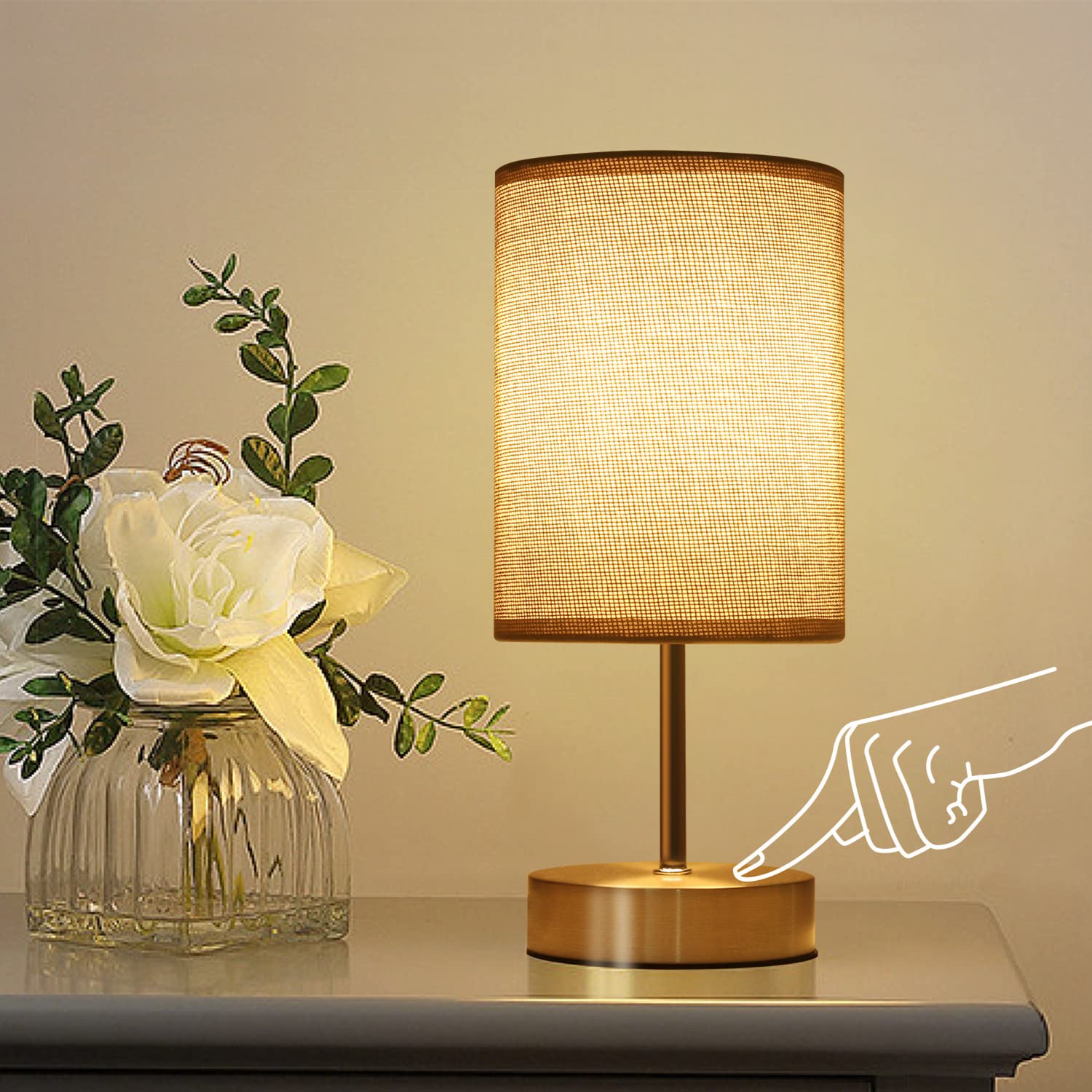Touch Control Table Lamp with Dimmable Grey Fabric Shade, HUGCHG Bedside Nightstand Lamp for Bedroom, Living Room, Office, Includes 4W Dimmable Bulb, Perfect for Reading, Relaxing, and Decorating