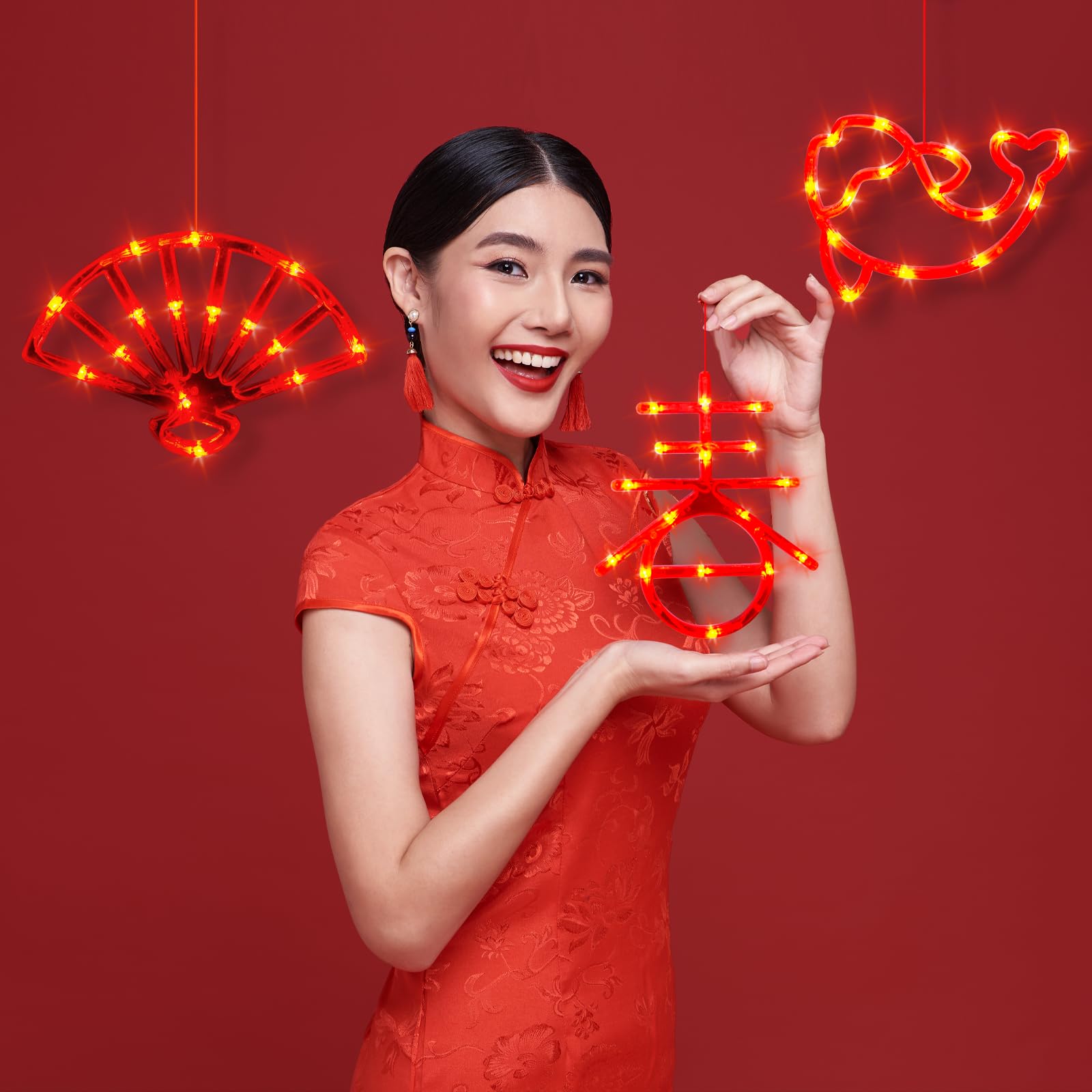 LOLStar 2025 Chinese New Year Decorations - 3 Pack Red Lunar New Year Window Lights with Chinese Fan, Spring (Chun) & Koi Fish Design | Battery Operated Hanging Lights with Suction Cups | Perfect for Spring Festival Home Decor, Party Supplies & Asian Holiday Celebrations