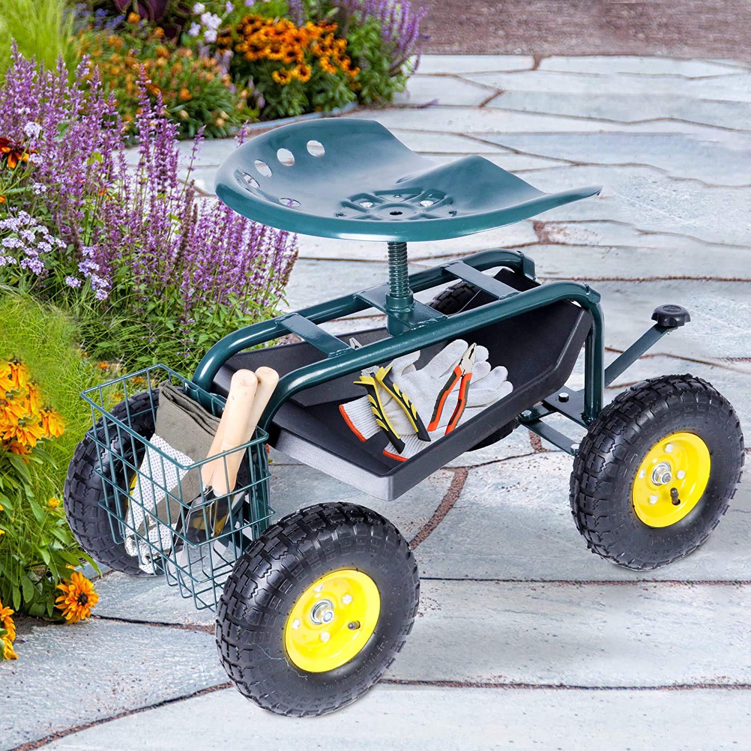 Dporticus 360° Swivel Seat Rolling Garden Cart with Tool Storage Basket - Heavy Duty Steerable Scooter for Gardening, Landscaping & Outdoor Work | Green