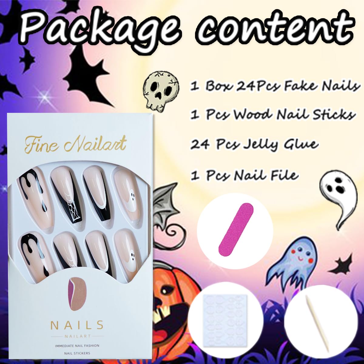 24Pcs Halloween Fake Nails - Long Coffin French Tip Press on Nails with Gothic Ghost & Spider Web Designs | Full Cover Glue on Acrylic Nails in Nude Pink & Black | Perfect for Women & Girls Halloween Party, Cosplay & Gothic Manicure