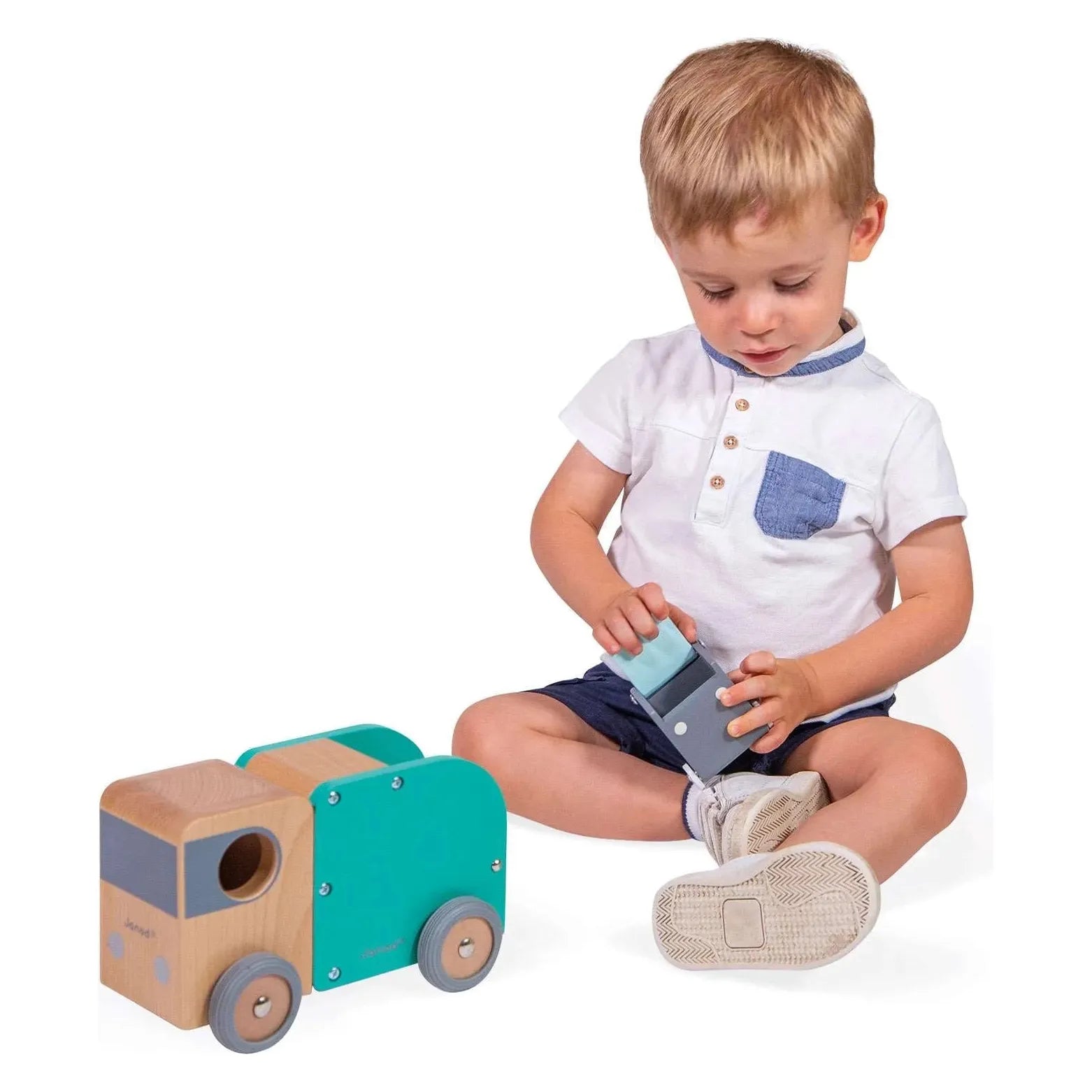 Janod Wooden Recycling Truck Toy for Kids - Eco-Friendly Educational Play for Toddlers & Preschoolers - Perfect for Imaginative Play & Learning About Sustainability
