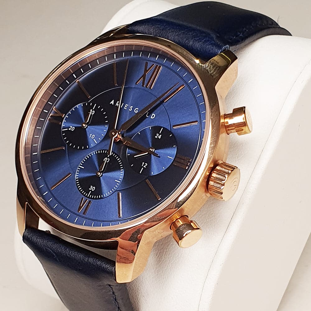 ARIES GOLD URBAN ETERNAL G 1027 RG BU Blue Leather Strap Men's Watch - Luxury Waterproof Timepiece for Business, Casual & Formal Occasions