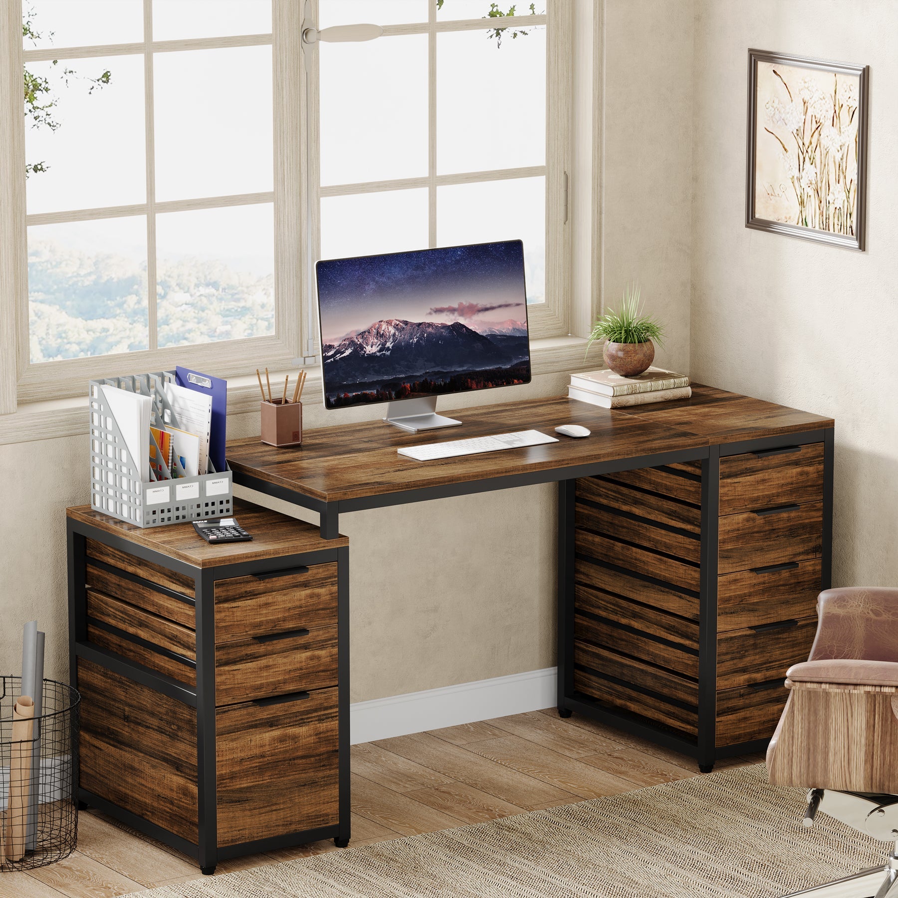 63 Inch Computer Desk with File Cabinet & Storage Drawers - Home Office Writing Study Table for Work, Gaming & Remote Learning