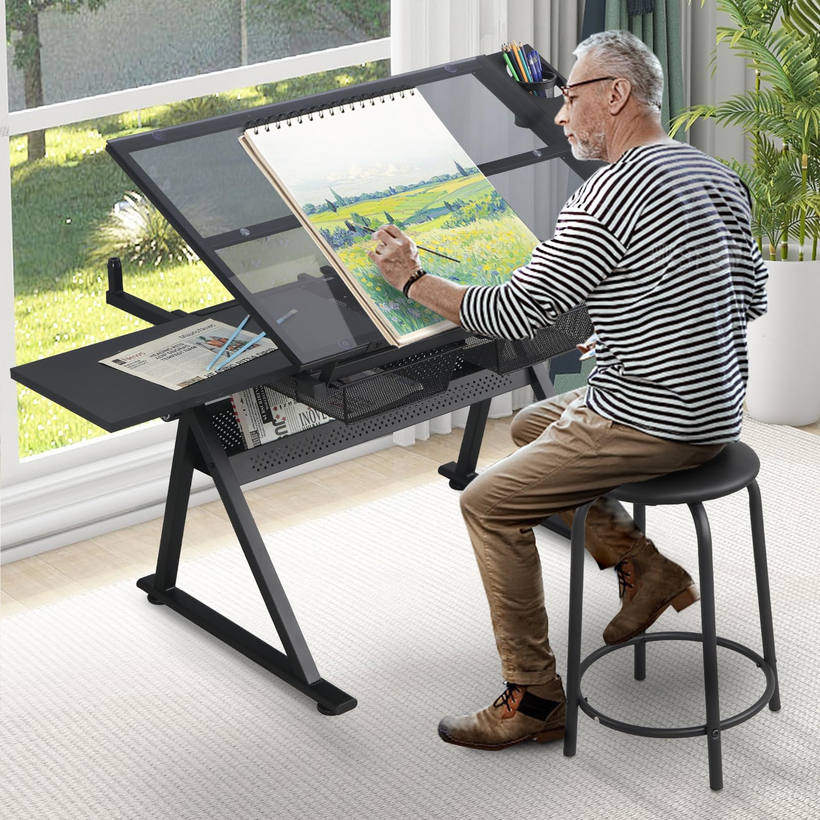 Adjustable Drafting Table with Stool - Tilting Tempered Glass Top Art Desk for Painting & Crafting, 2 Storage Drawers, Height Adjustable (Black) - Perfect for Artists, Architects & DIY Projects in Home Studio or Office