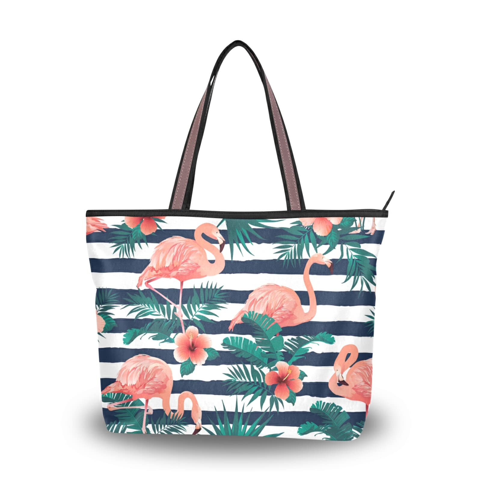 Stylish Flamingo & Tropical Flowers Tote Bag for Women - Reusable Zippered Shoulder Bag, Beach & Travel Handbag - Perfect for Shopping, Vacation & Summer Outings