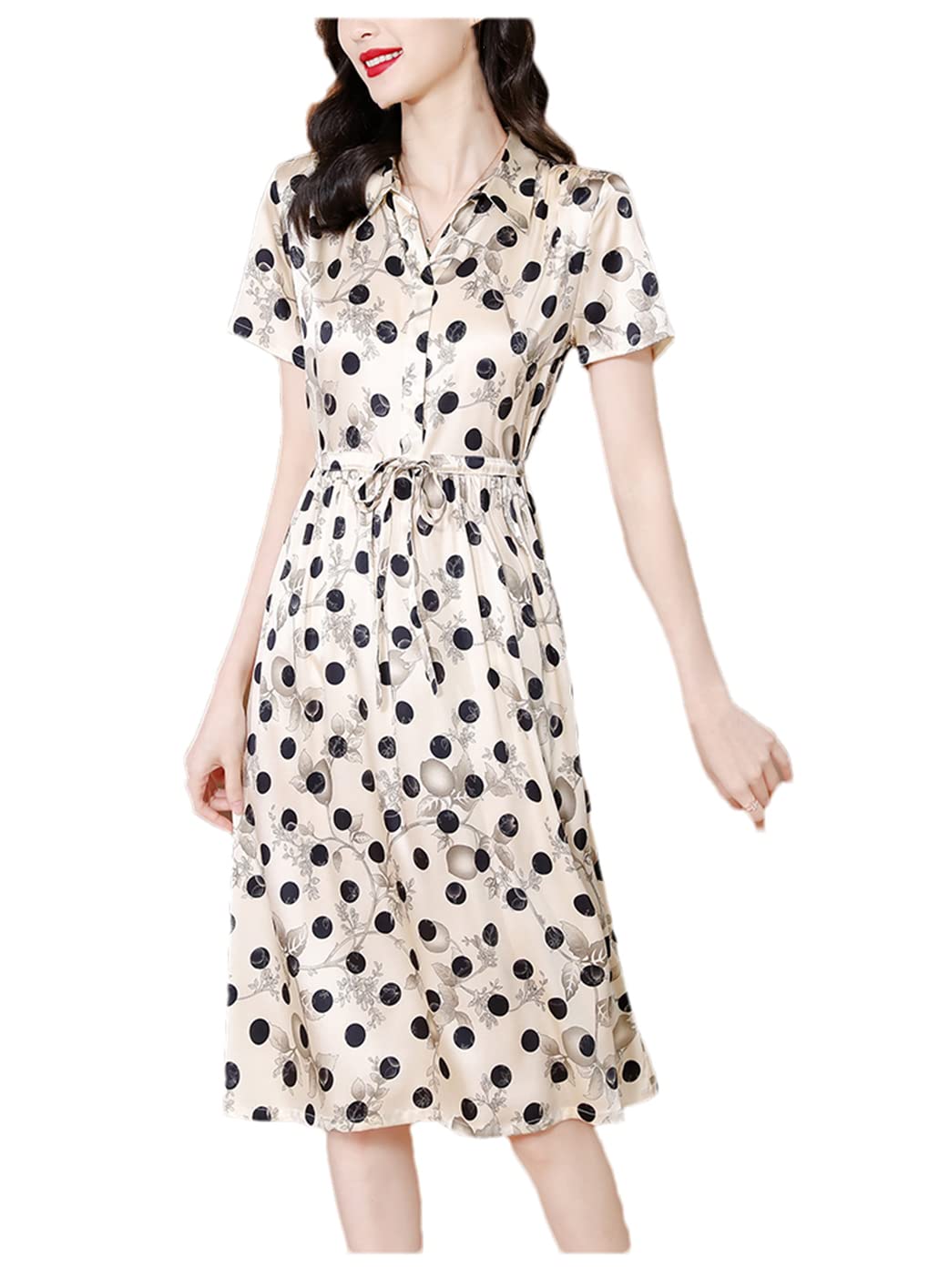 Women's Summer Short Sleeve Polka Dot Natural Silk Midi Dress - Elegant Office Wear & Casual Chic for Work, Parties & Date Nights