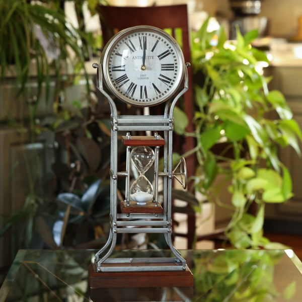 Vintage Metal Clock with Rotating Hourglass - 20 or 30 Minute Timer for Home Office Decor, Gift, or Meditation Space