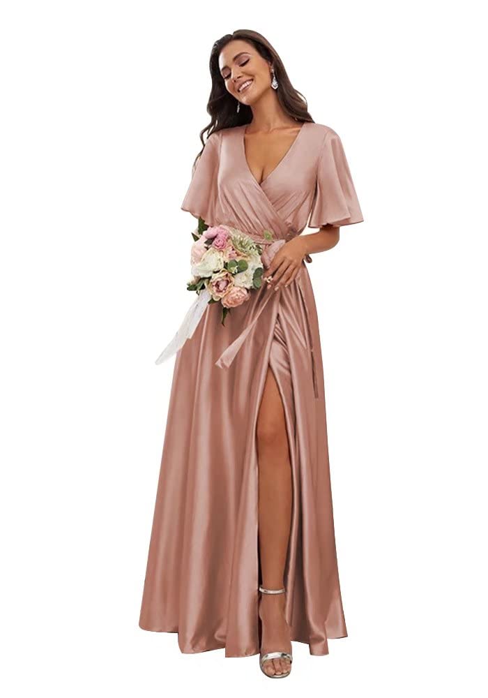 Elegant Satin V-Neck Long Sleeve Bridesmaid Dress with High Slit - Perfect for Weddings, Prom, and Formal Evening Events