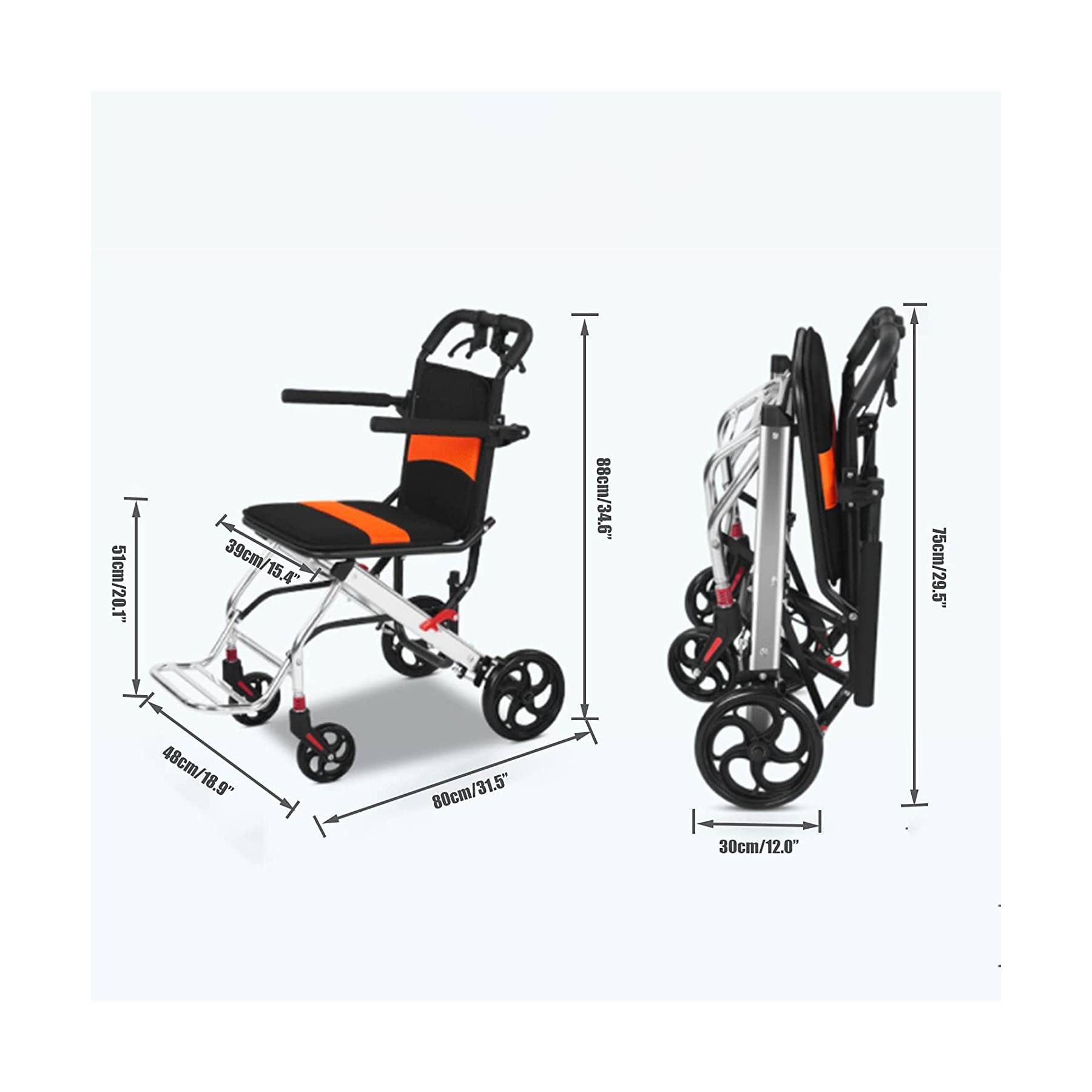 FXJ Portable Folding Travel Wheelchair with Handbrakes - Lightweight Aluminum Alloy Transport Wheelchair for Seniors & Airplane Travel - 12 Inch Rear Wheels - Ideal for Elderly Mobility, Airport Assistance & Outdoor Activities