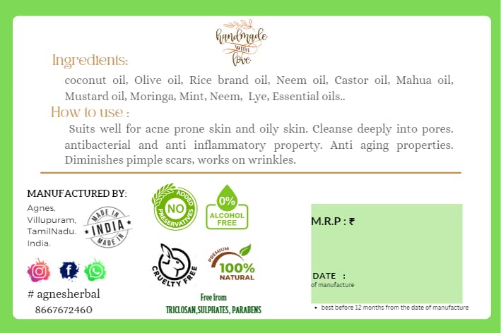 Agnes Moringa Soap - 100% Natural & Herbal Cold Processed Handmade Soap for Eczema, Anti-Aging & Acne Treatment | Pack of 2 (200g) | Gentle Cleansing for Sensitive Skin & Daily Skincare Routine