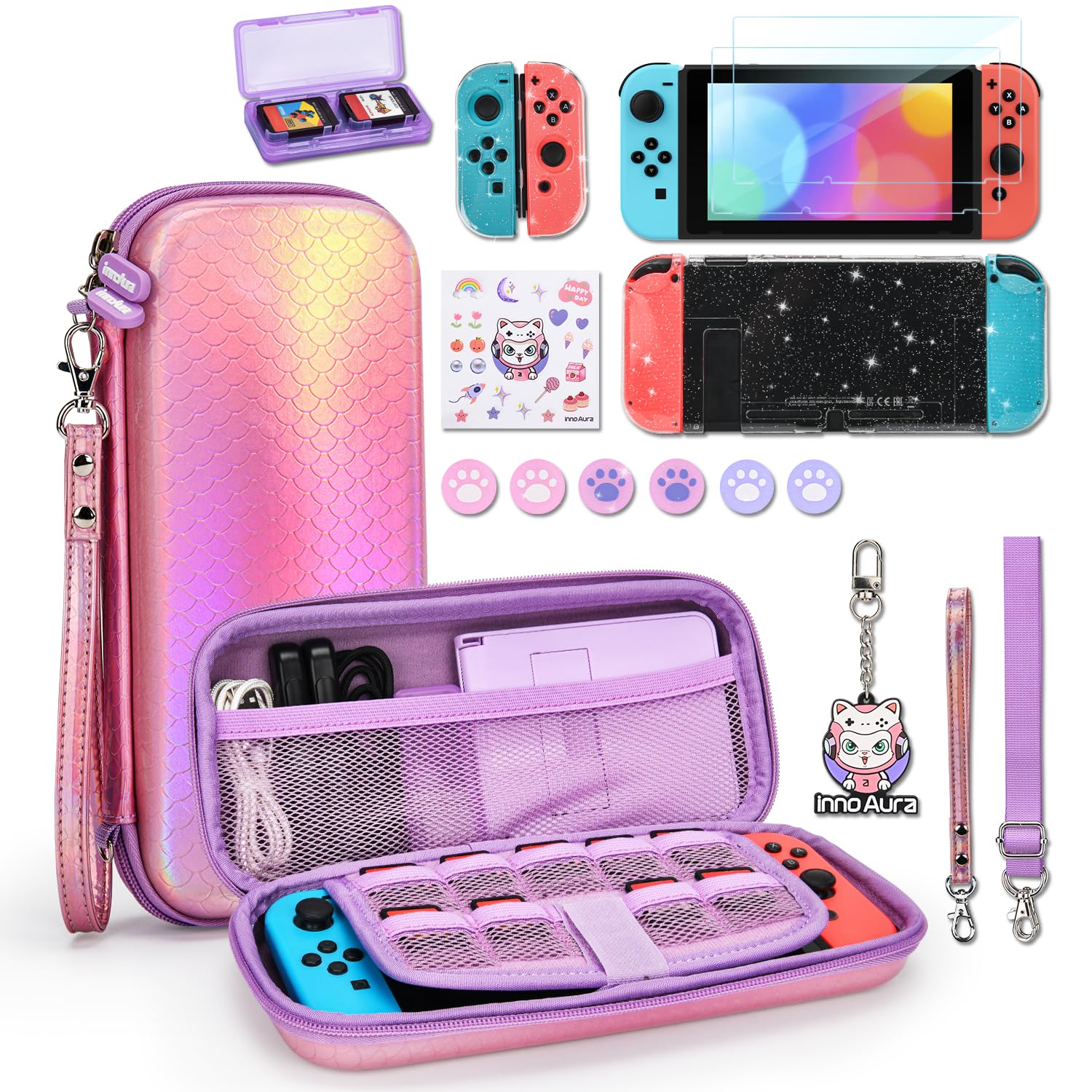 InnoAura 17-in-1 Nintendo Switch Accessories Bundle - Switch Carrying Case, Game Case, Protective Cover, Screen Protector & Thumb Grips (Mermaid Pink) | Perfect for Travel, Gaming On-The-Go & Switch Protection