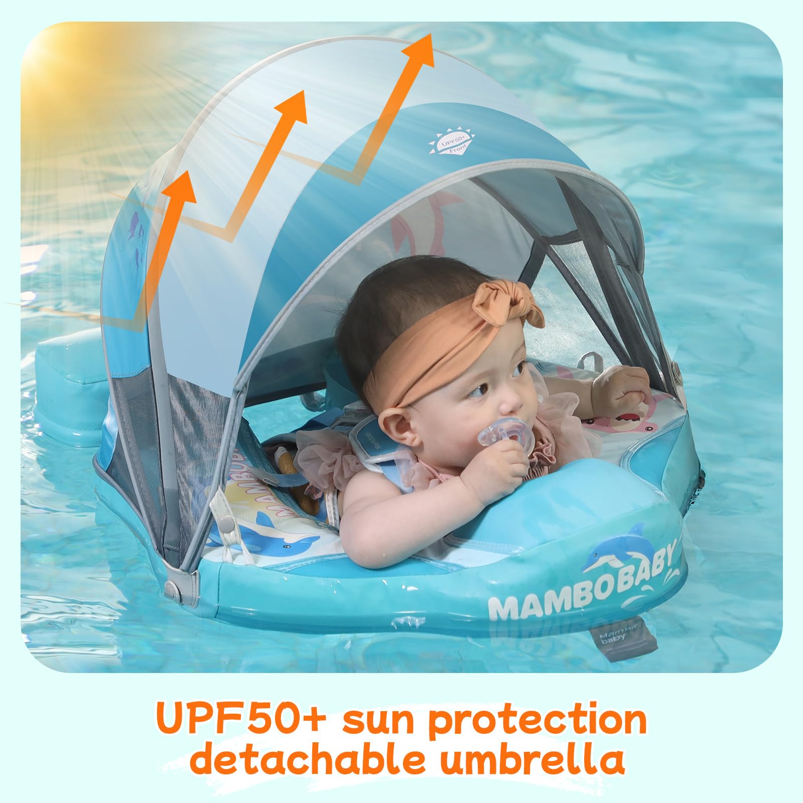 Mambobaby Baby Swim Float with Canopy & Portable Backpack - Skin-Friendly Non-Inflatable Infant Pool Float for 3-24 Months - Waterproof Smart Swim Trainer with Tail - Perfect for Beach, Pool, and Outdoor Water Activities
