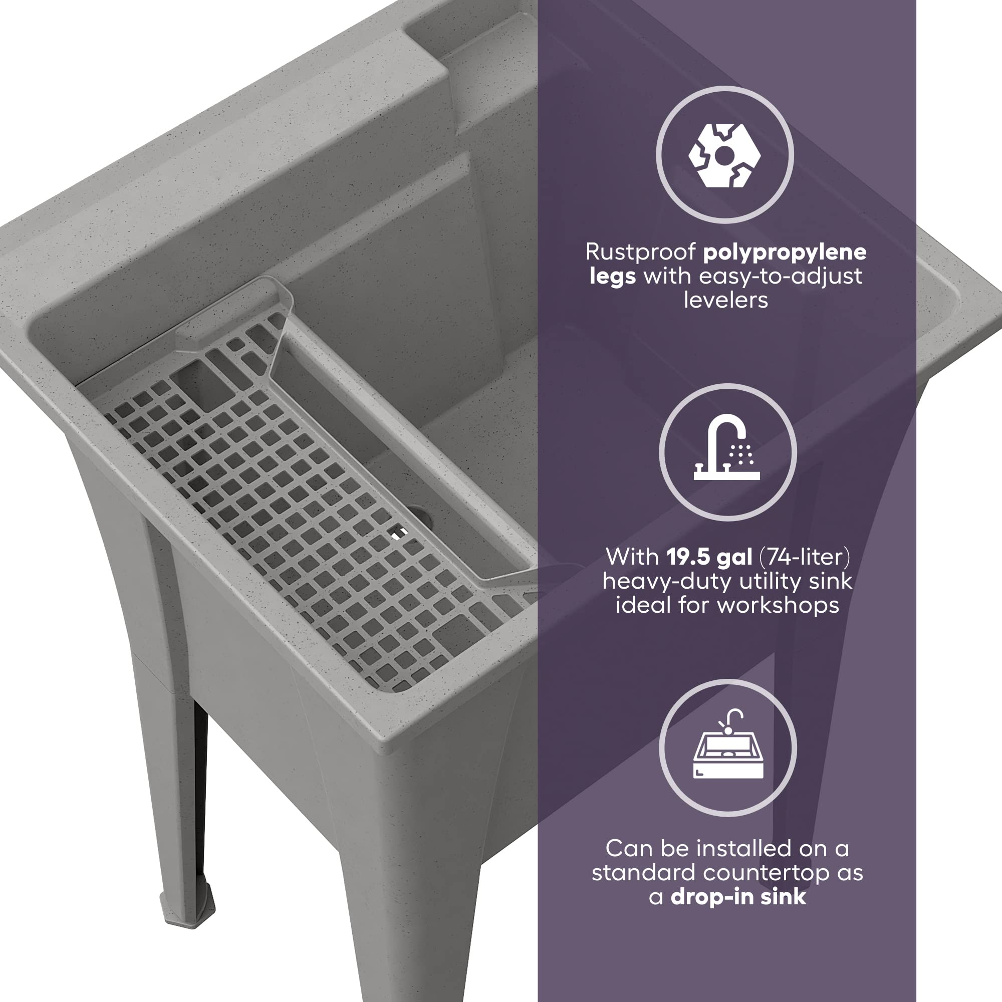 Utility Sink with One-Handle Matte Black Plastic Faucet – Durable Polypropylene Laundry Sink for Garage, Basement & Workshop – Heavy-Duty Grey Utility Tub for Indoor & Outdoor Use – Complete Sink Set with Drain (24” x 22” x 34”, 19.5 Gallons) – Perfect for Washing Pets, Cleaning Tools & DIY Projects