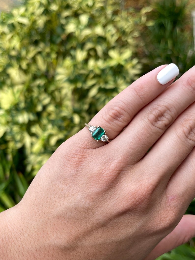 1.38tcw Dark Bluish Green Emerald & Brilliant Round Diamond 3 Stone Ring in 14K Gold - Elegant Jewelry for Weddings, Anniversaries & Special Occasions
