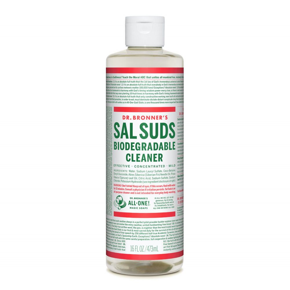 **Dr. Bronner's Pure-Castile Liquid Soap & Sal Suds - Organic, Vegan, Multipurpose Cleaner for Body, Home & Laundry**    **Use Scenes:** Perfect for showering, dishwashing, house cleaning, pet care, and eco-friendly laundry.