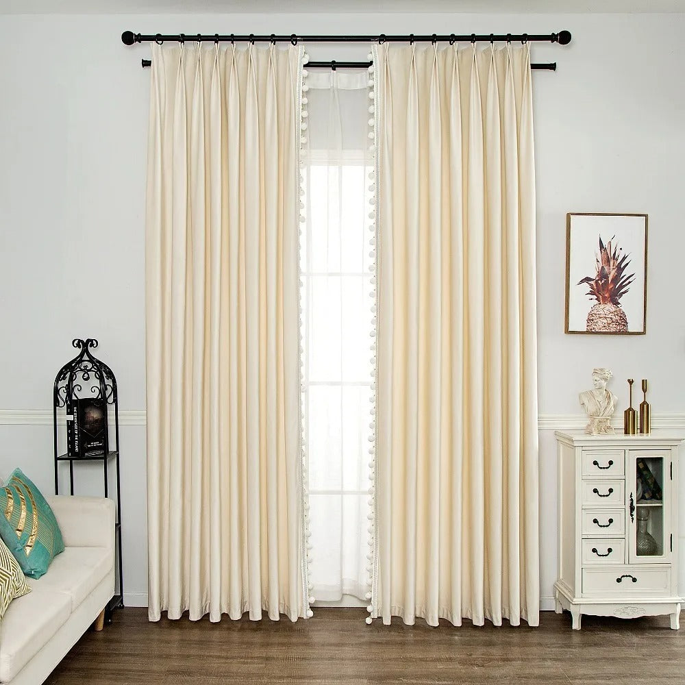 Luxury European Pompom Lace Velvet Curtains - Ivory White, Elegant Window Treatments for Living Room & Bedroom Decor