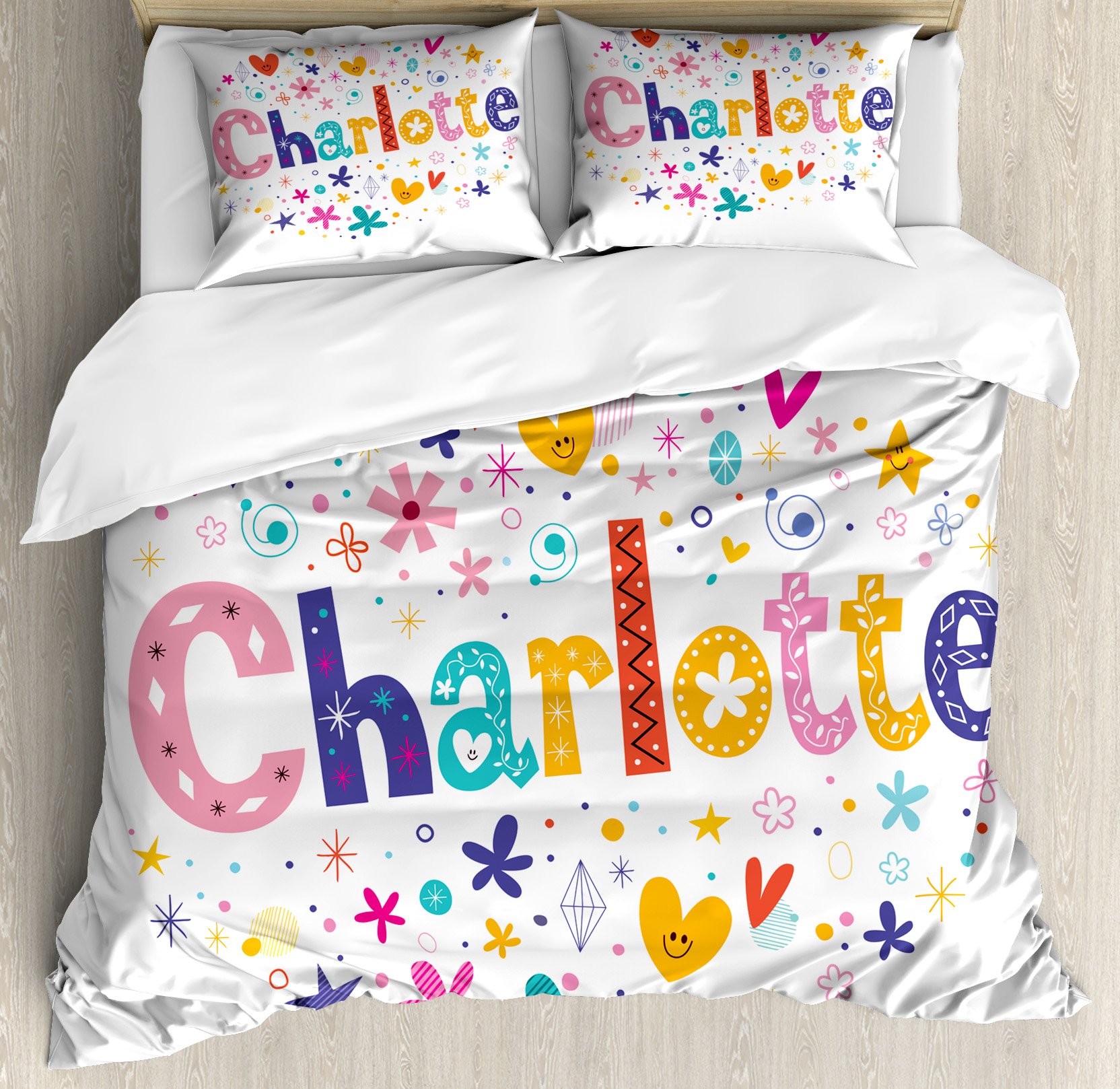 Ambesonne Charlotte Duvet Cover Set - Happy Smiling Stars & Hearts Design, Colorful Female Name Pattern, 3-Piece King Size Bedding Set with 2 Pillow Shams, Multicolor | Perfect for Girls' Bedroom, Teen Room Decor & Gift Idea