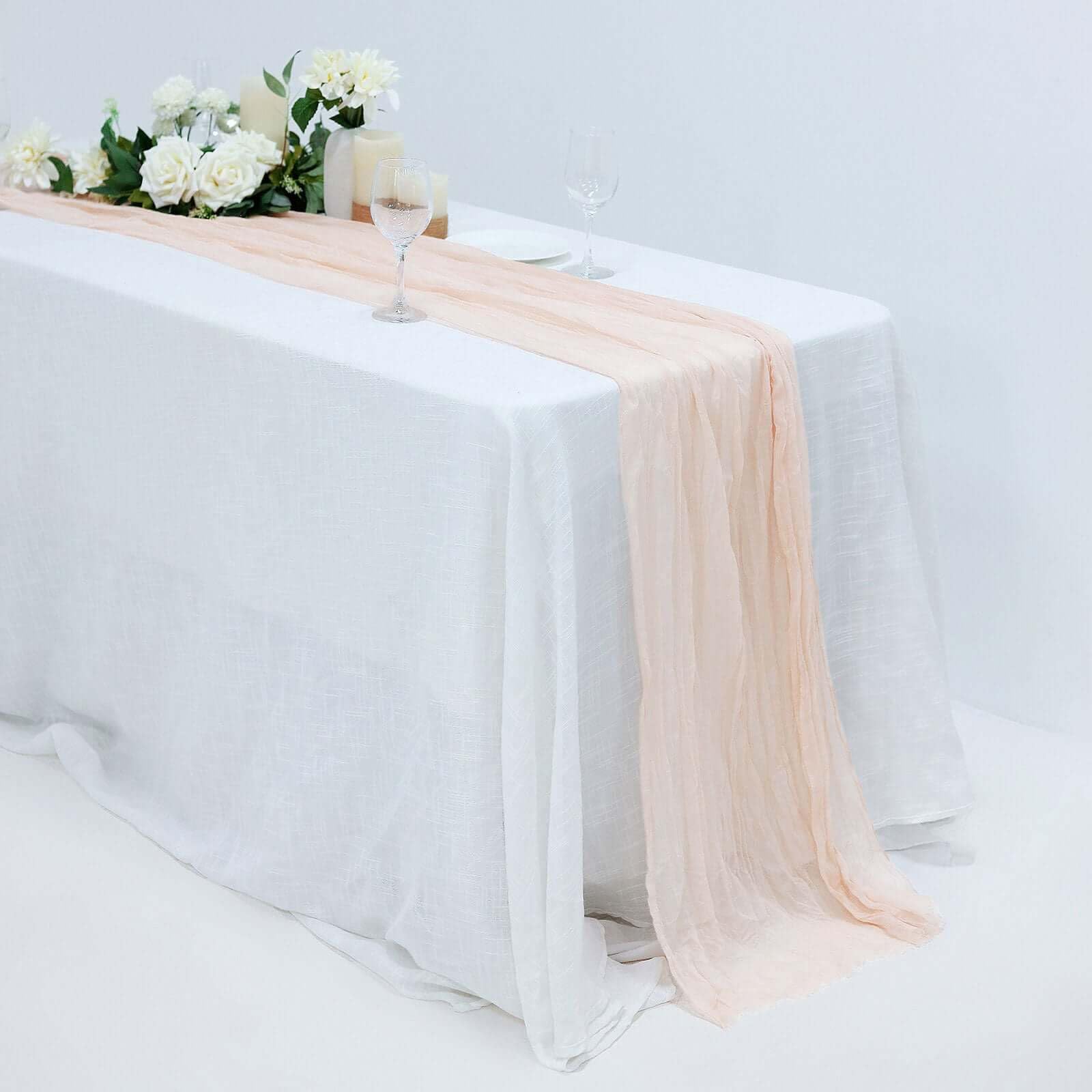 Efavormart 10FT Cheesecloth Table Runner - Boho Wedding Decor, Gauze Fabric Table Cover for Rustic Wedding, Party, Baby Shower - Blush Rose Gold